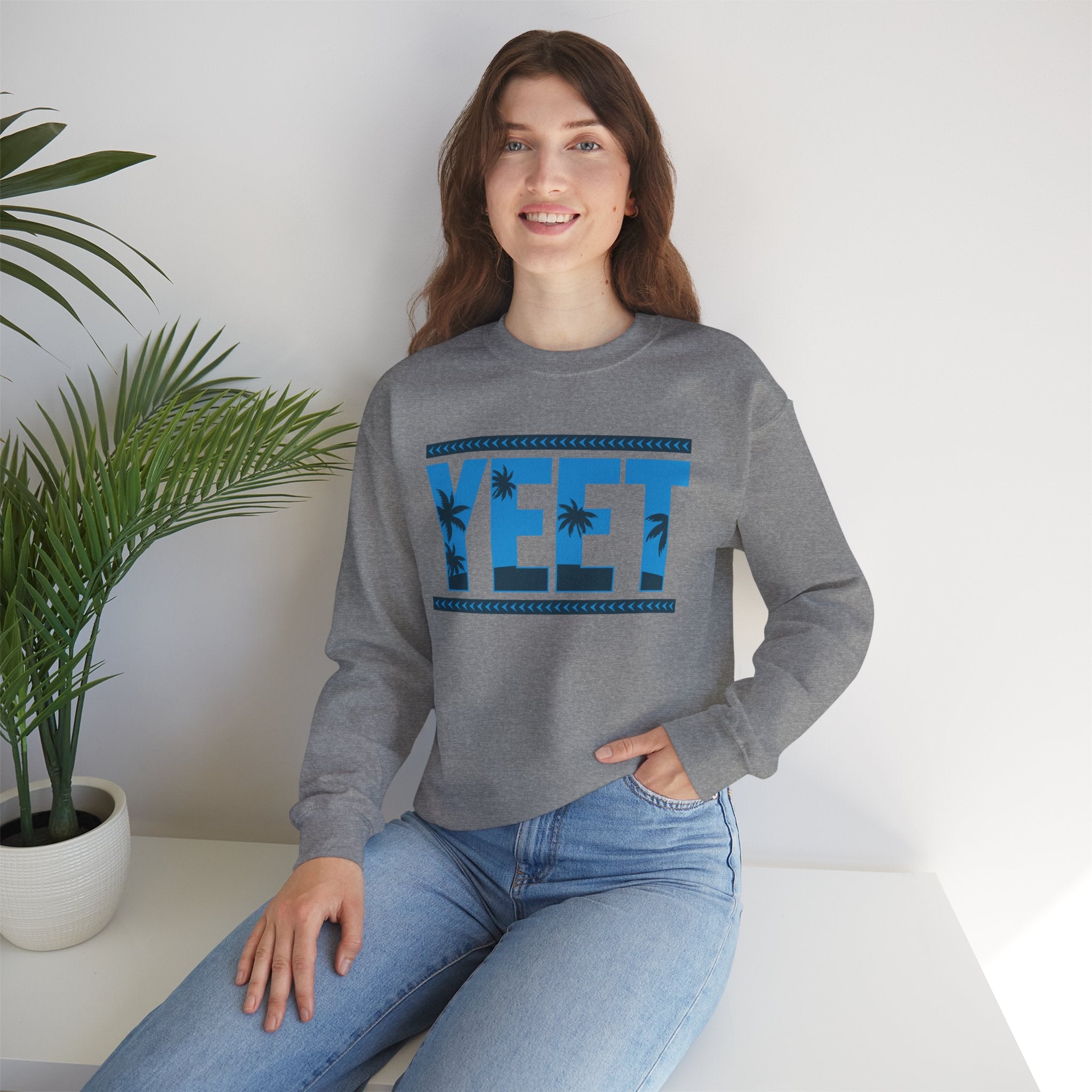 Blue Grey Yeet Palm Tree Sweatshirt, Wrestling Fan Unisex Sweatshirt - Gift for Him or Her, Casual Outwear, Heavy Blend Crewneck Sweatshirt