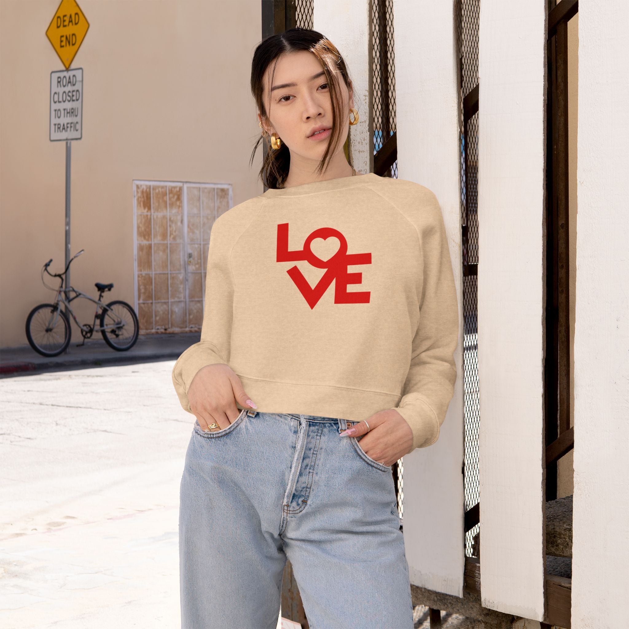 LOVE Graphic Cropped Fleece Pullover, Valentines Gift for Her, Long Sleeve Women's Shirt, Casual Pullover Top, Graphic Shirt Valentines