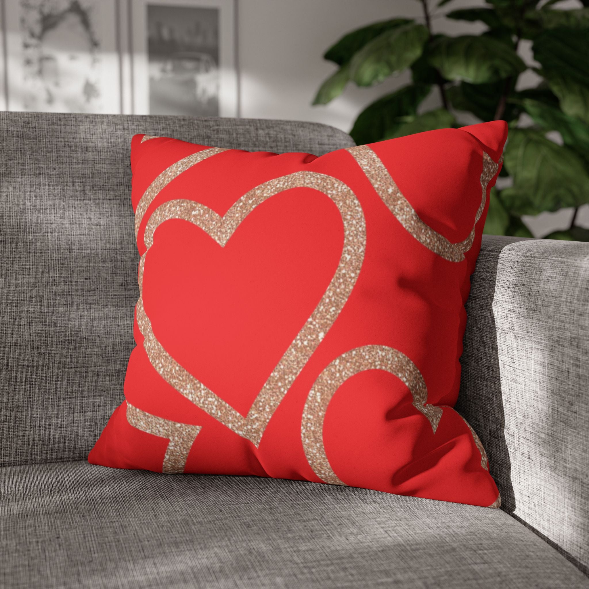 Square Pillowcase - Elegant Red Heart Love - Decorative Pillows Cushion Covers for Couch Chair Bedroom Valentines Decorative, Faux Suede, Home Decor