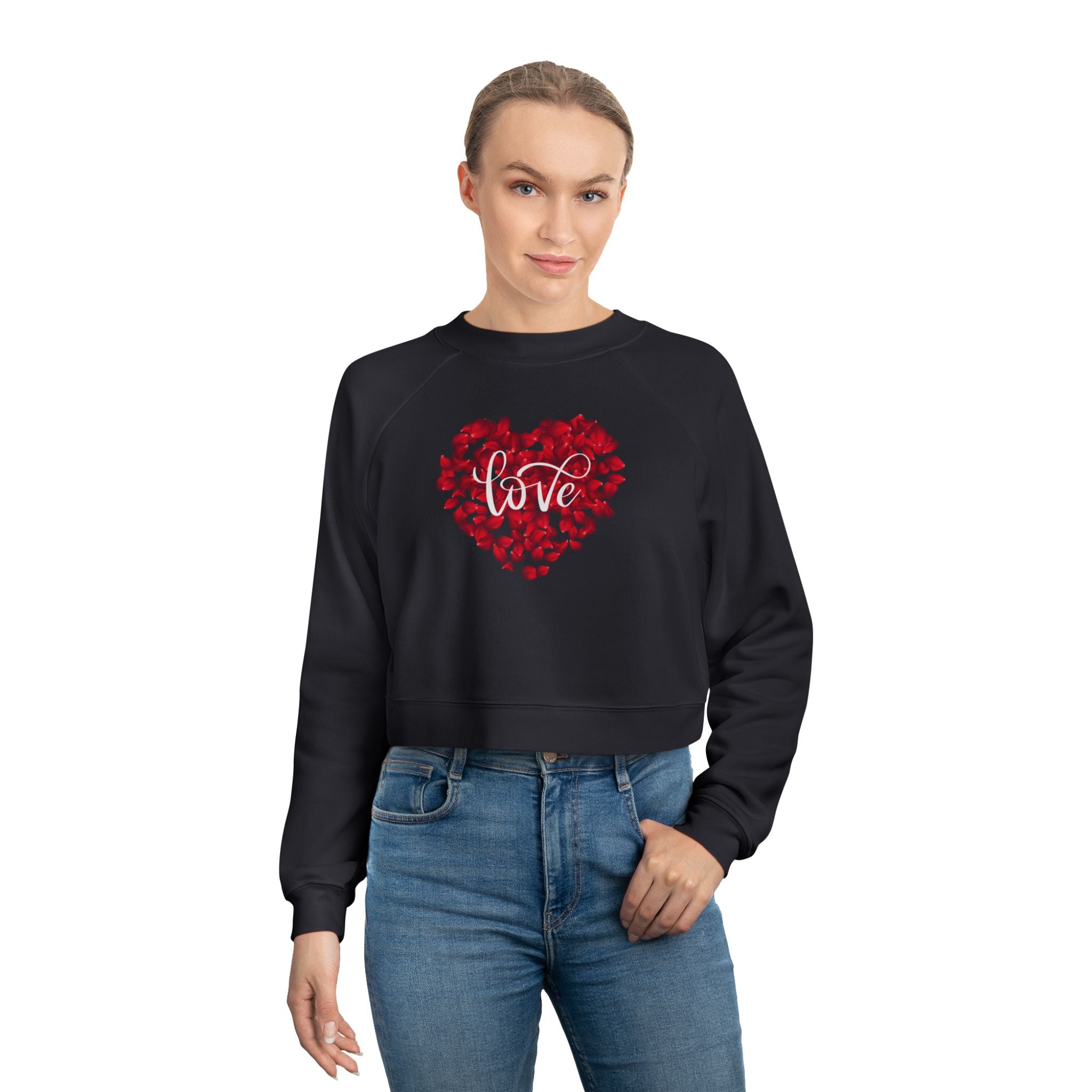 Heart Love Cute Valentines' Cropped Fleece Pullover, Valentines Gift for Her, Long Sleeve Women's Shirt, Casual Pullover Top, Graphic Shirt Valentines Gift for Teachers