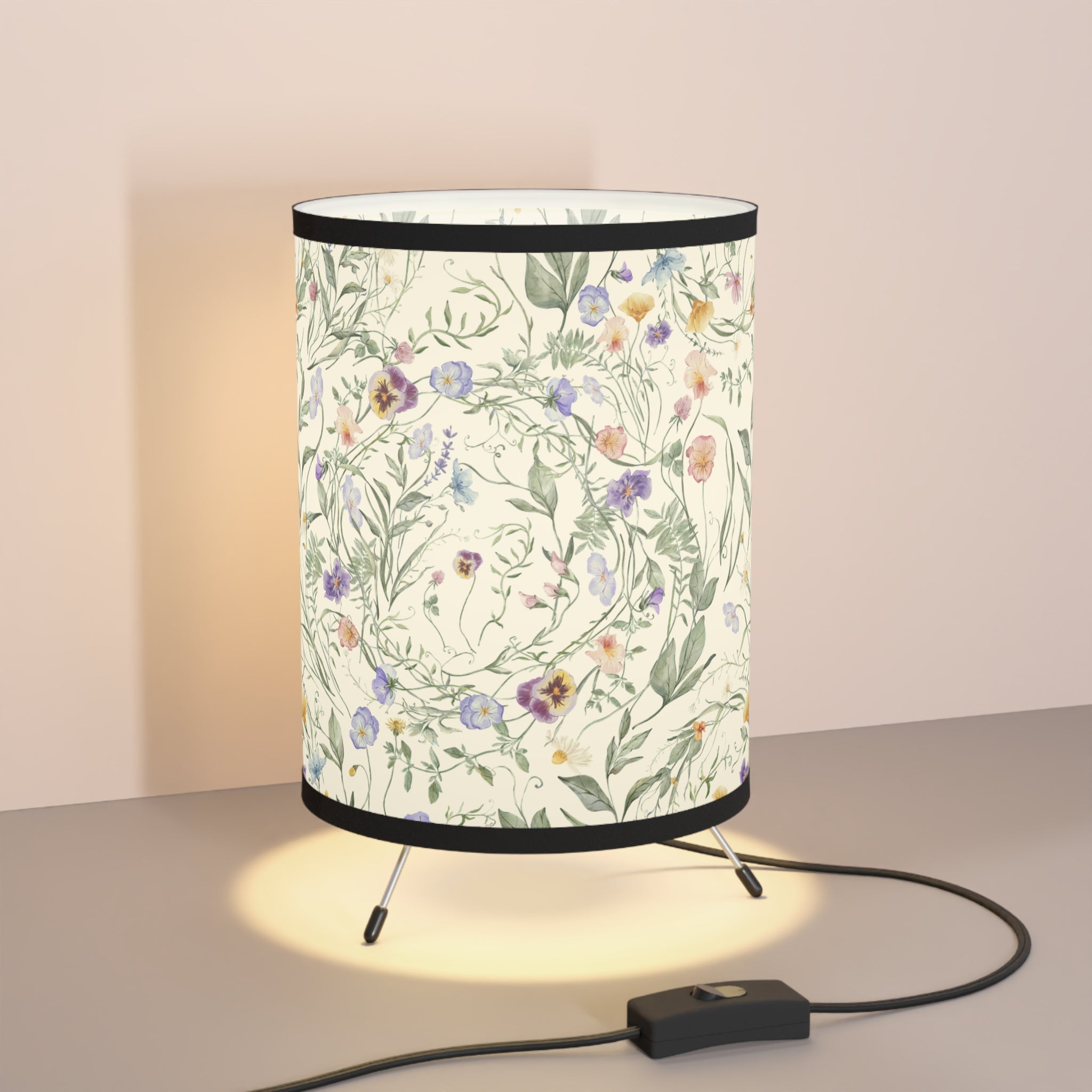 Purple White Illustrated Floral Lamp, Desk Lamp for Bedroom, Living Room, Modern Style, Floral Bedside Lamp, Home Decor