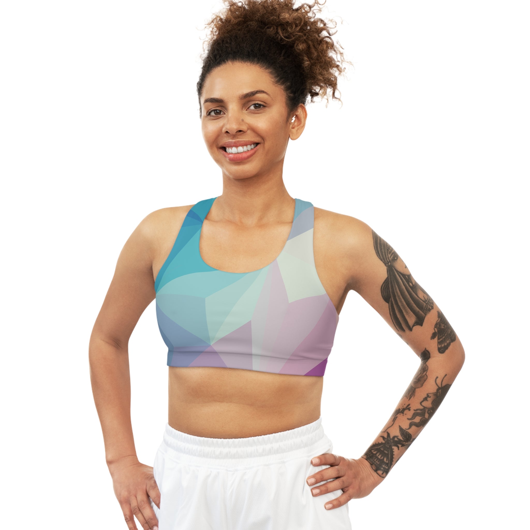 Blue Pink Seamless, Racerback Sports Bra for Women - High Impact Workout Crop Tank Top