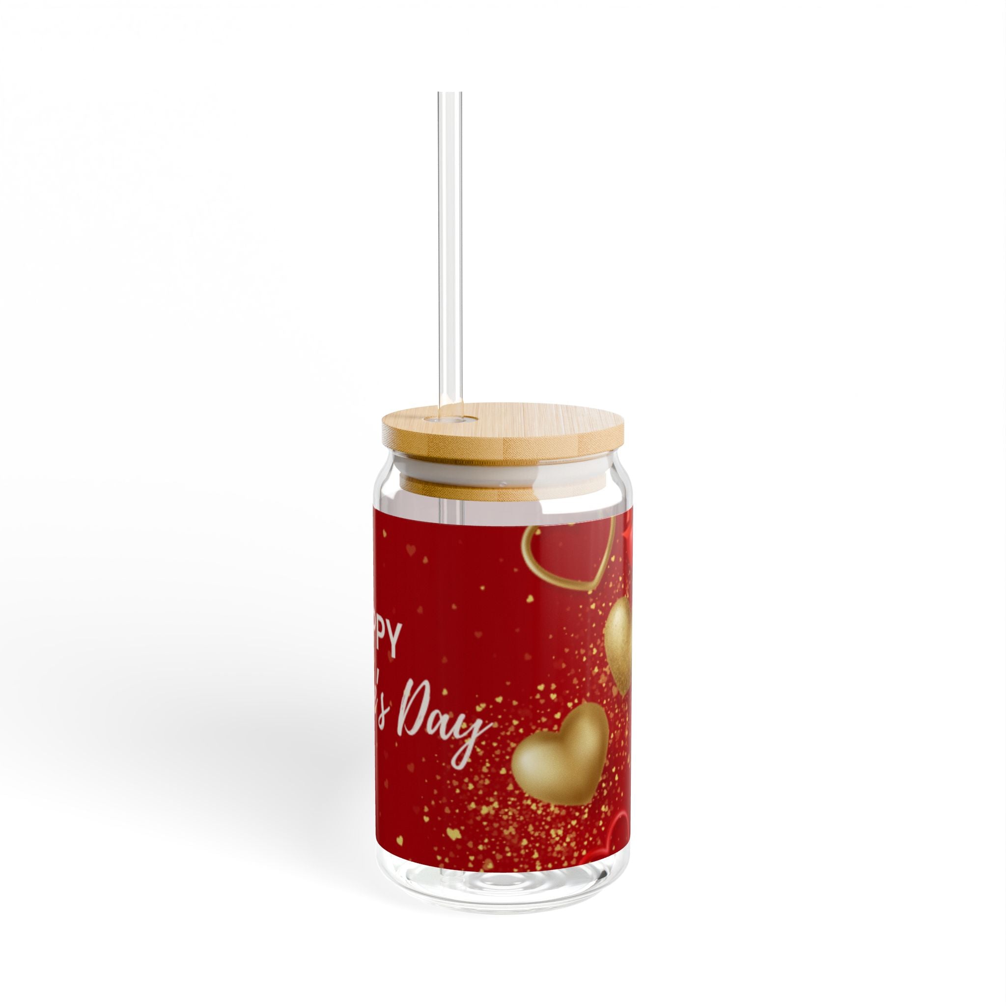 Glass Sipper 16oz -Glitter Hearts Valentines Day Gift for Teachers, Girlfriend, Boyfriend, Valentines Give Away, Glasses Drinking Set, Iced Coffee Cup with Bamboo Lids, Drinking Glasses Tumbler with Straw and Lid, Glass Can Coffee Cups, Drinking Glassware