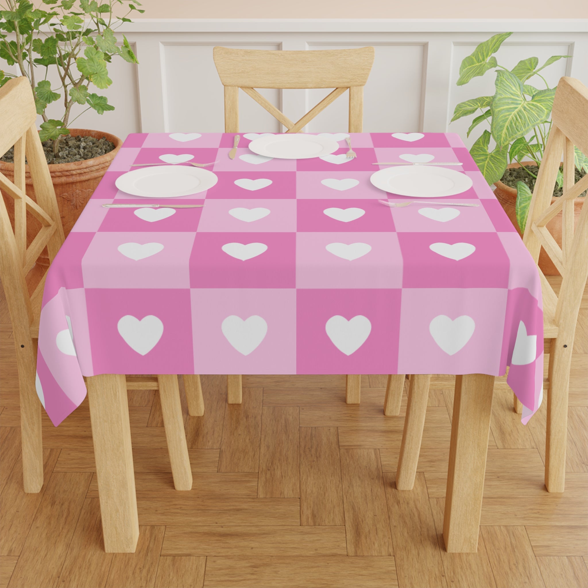 Pink Retro Checkerboard And Hearts Valentine's Day Tablecloth, Romantic Table Cover, Washable Tablecloth for Party, Picnic, Dinner Date Decor, Valentines Day