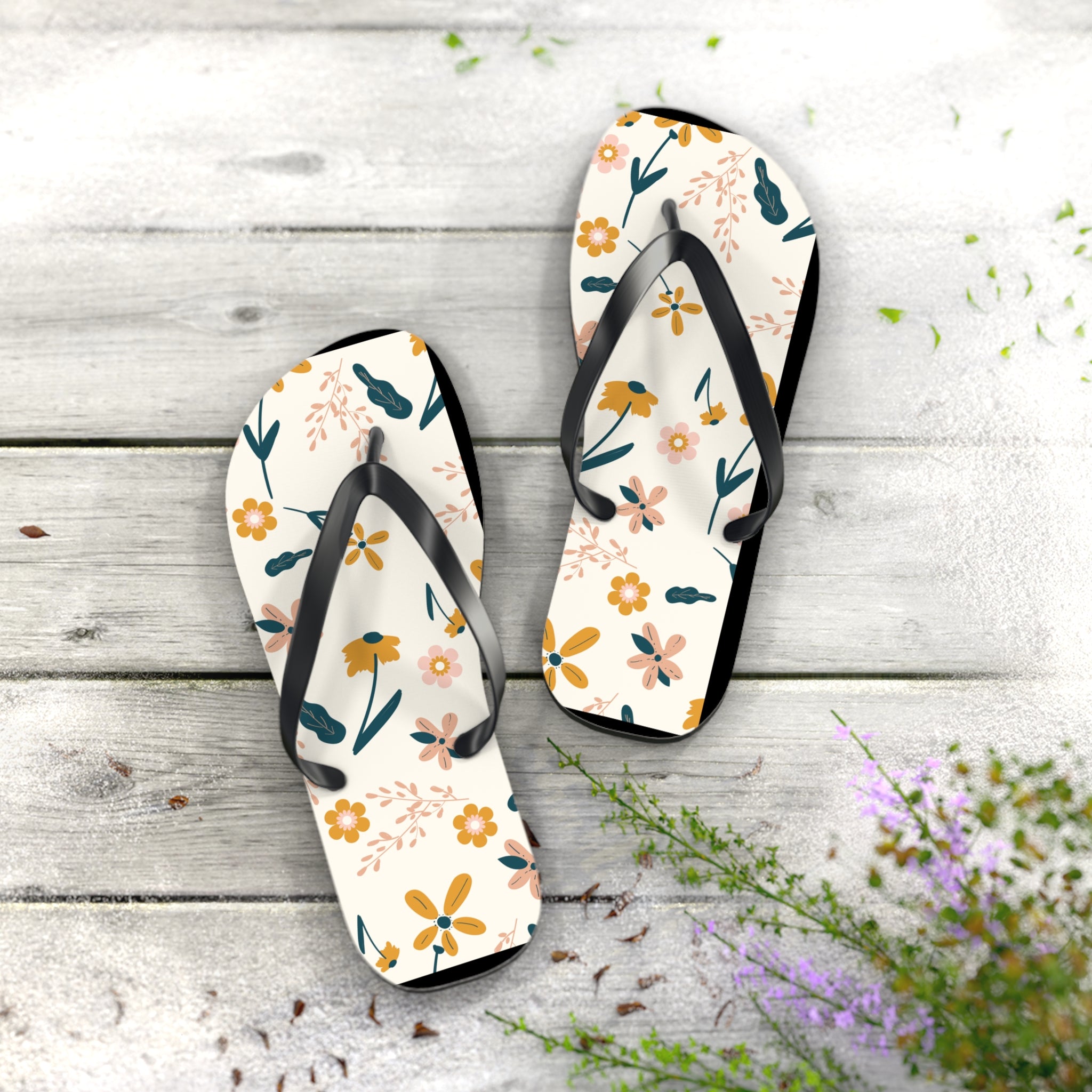 Cream and Orange Creative Floral, Flip Flops for Women, Cute Designs, Everyday Use, Indoor Sleepers