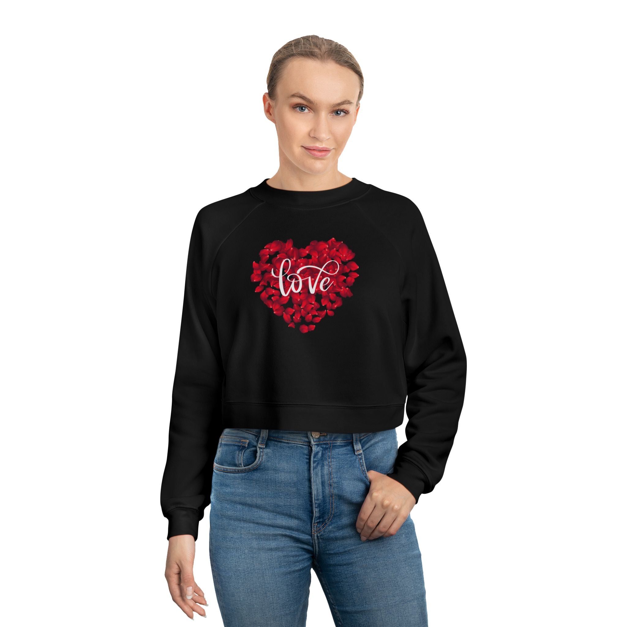 Heart Love Cute Valentines' Cropped Fleece Pullover, Valentines Gift for Her, Long Sleeve Women's Shirt, Casual Pullover Top, Graphic Shirt Valentines Gift for Teachers