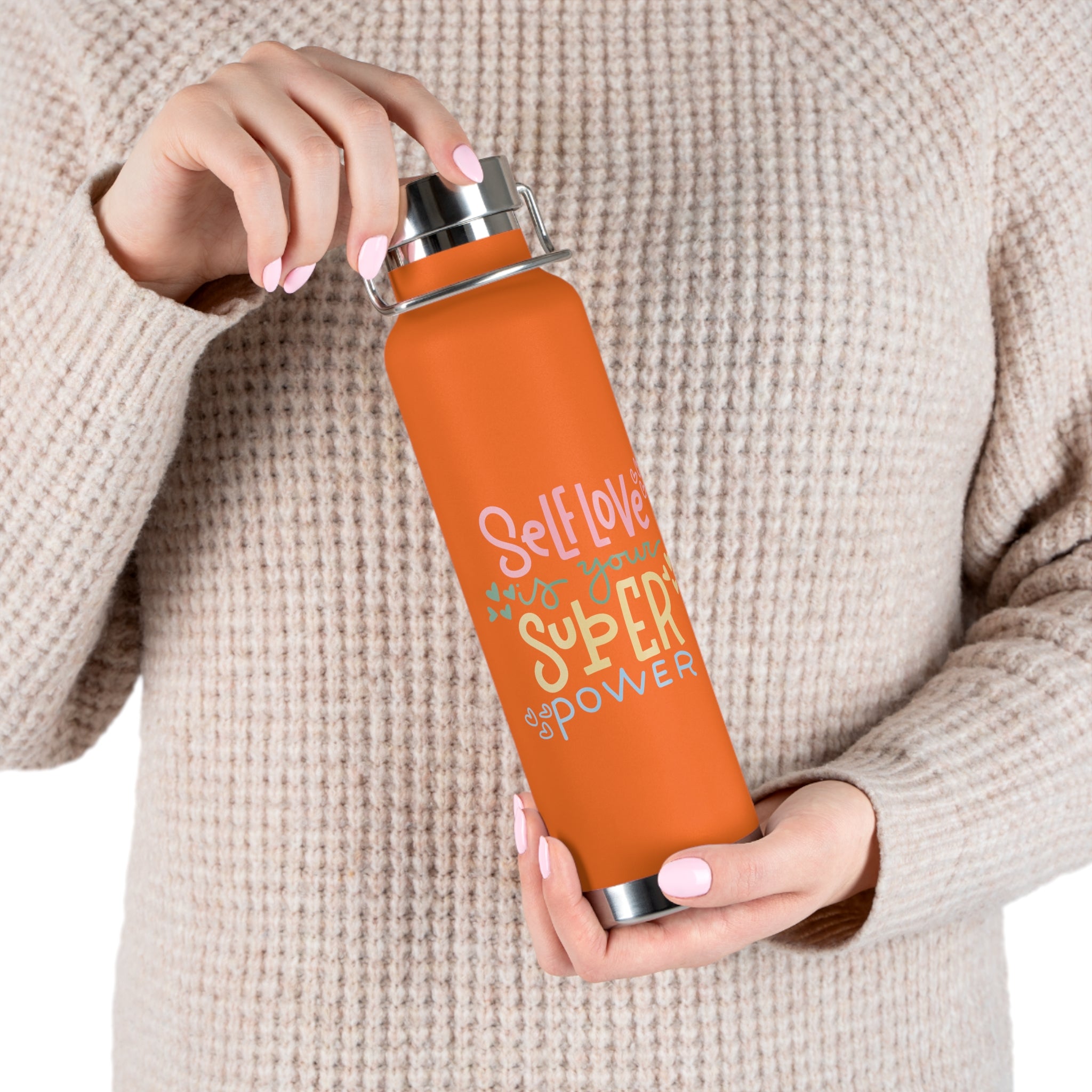 "Self Love Is Your Super Power" Copper Water Bottle, Inspirational Quote, Gift Tumbler, 22oz, Motivational Drinkware, Stainless Steel Thermos