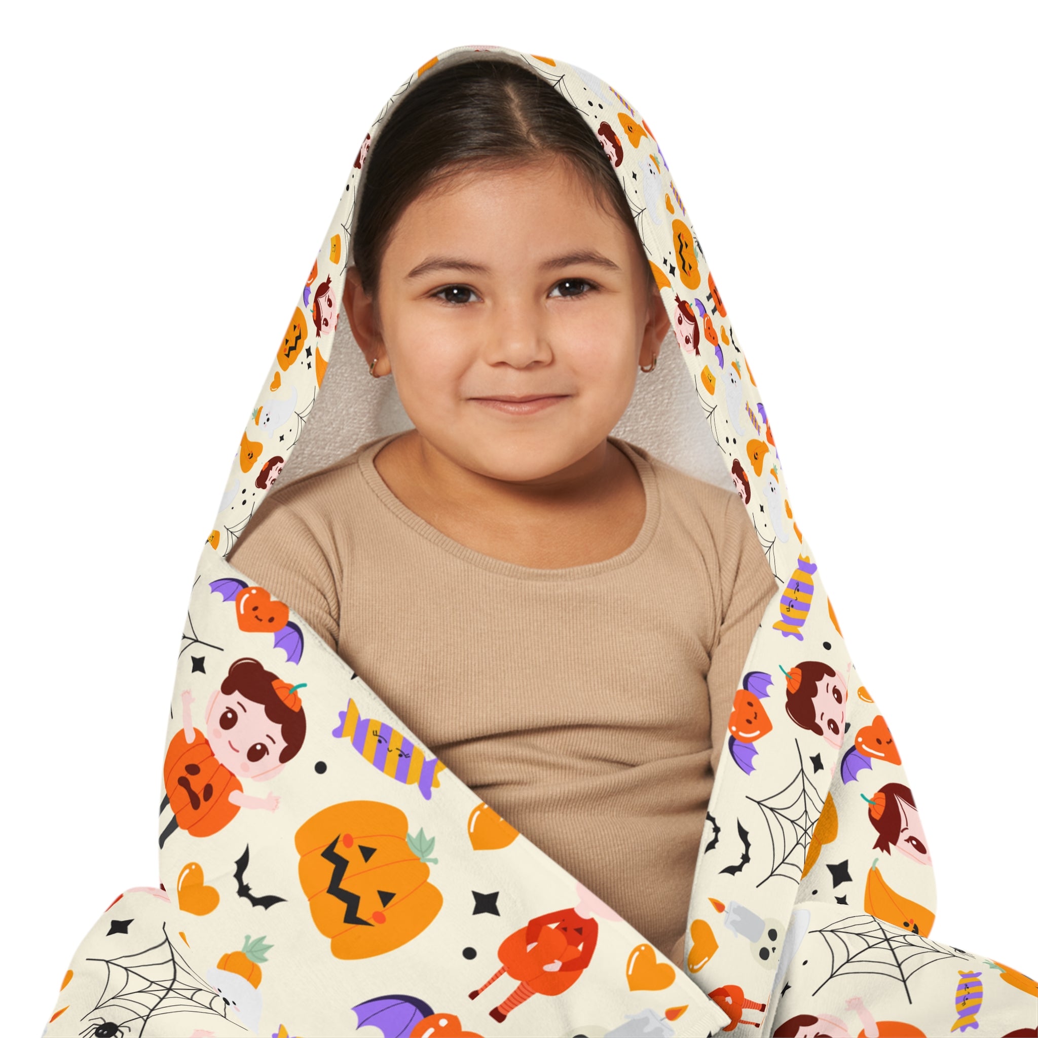 Orange Halloween Cute Design Hooded Towel, Cute Designs - Youth Hooded Towel