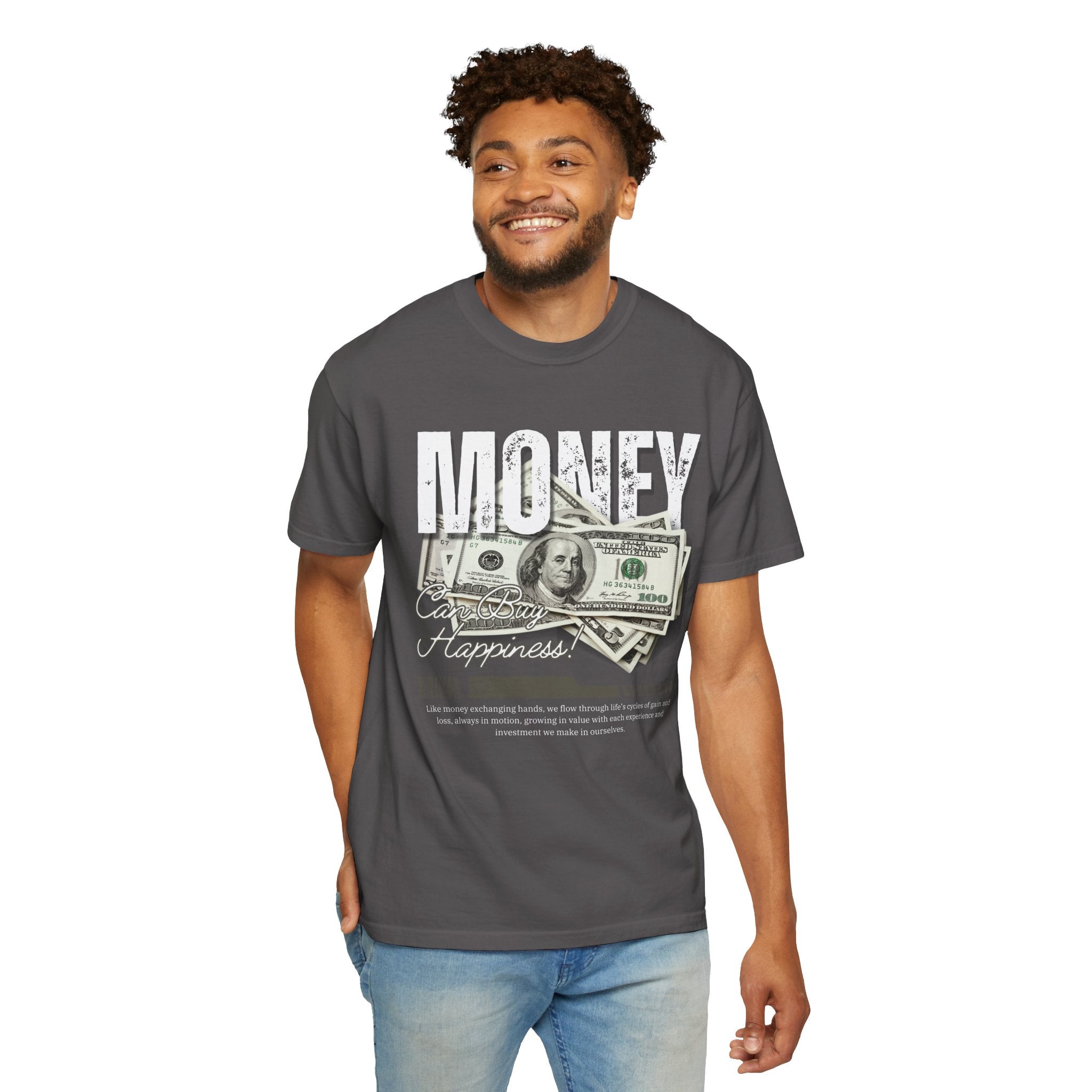 Money Can Buy Happiness, Graphic Design Unisex T-shirt, Casual Cotton Outwear, Gift for Him- Gift for Her, Stylish Tee, Cool Shirt, Trendy Apparel, Comfortable Top,