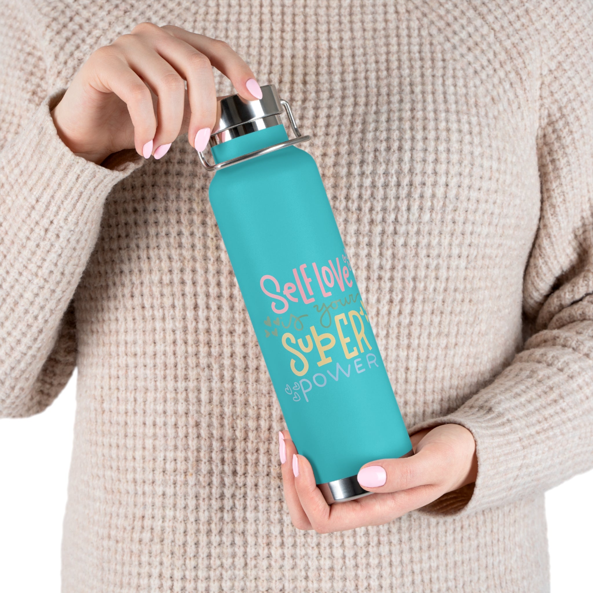 "Self Love Is Your Super Power" Copper Water Bottle, Inspirational Quote, Gift Tumbler, 22oz, Motivational Drinkware, Stainless Steel Thermos