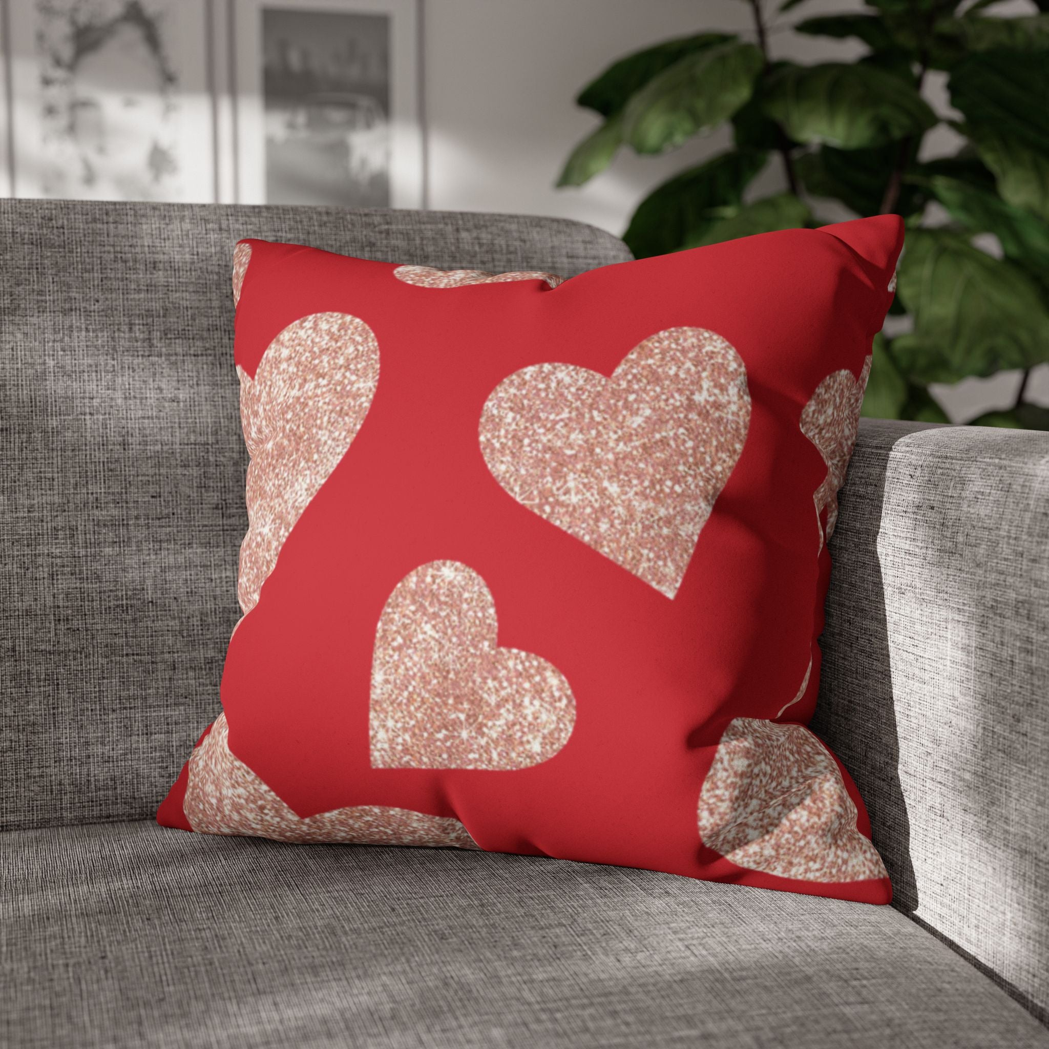 Square Pillowcase - Red and Gold Heart - Decorative Pillows Cushion Covers for Couch Chair Bedroom Valentines Decorative, Faux Suede, Home Decor