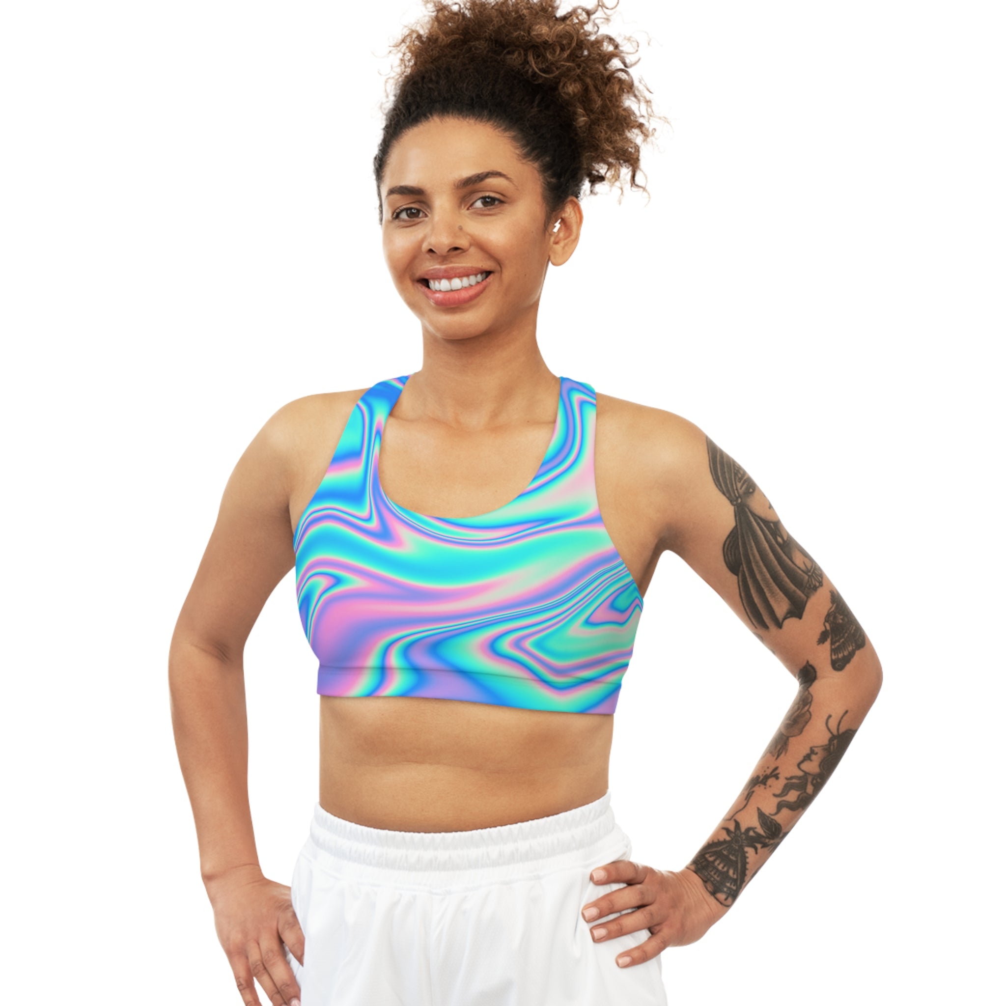 Blue and Pink Gradient Seamless, Racerback Sports Bra for Women - High Impact Workout Crop Tank Top