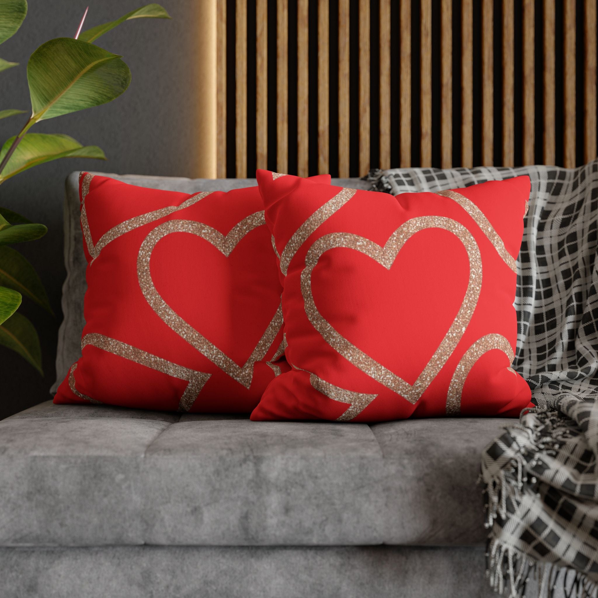 Square Pillowcase - Elegant Red Heart Love - Decorative Pillows Cushion Covers for Couch Chair Bedroom Valentines Decorative, Faux Suede, Home Decor