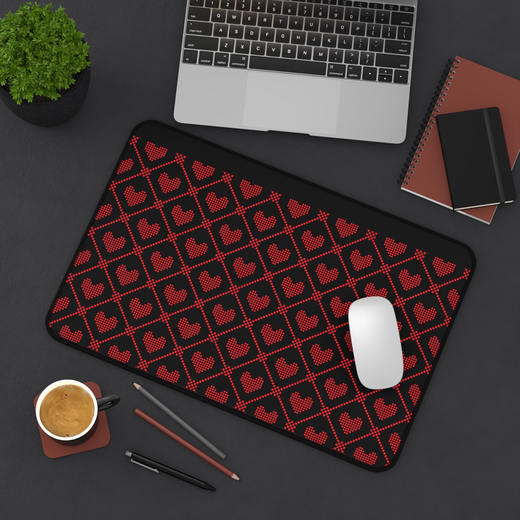 Black Red Pixel Heart Pattern, Valentines Gift, Mouse Pad, Desk Matt for Desktop, Cute Desk Pad Mat, XXL Large Mouse Pad for Desk, Anti-Slip Big Mousepad with Stitched Edges, Keyboard Pad Mouse Mat for Computer