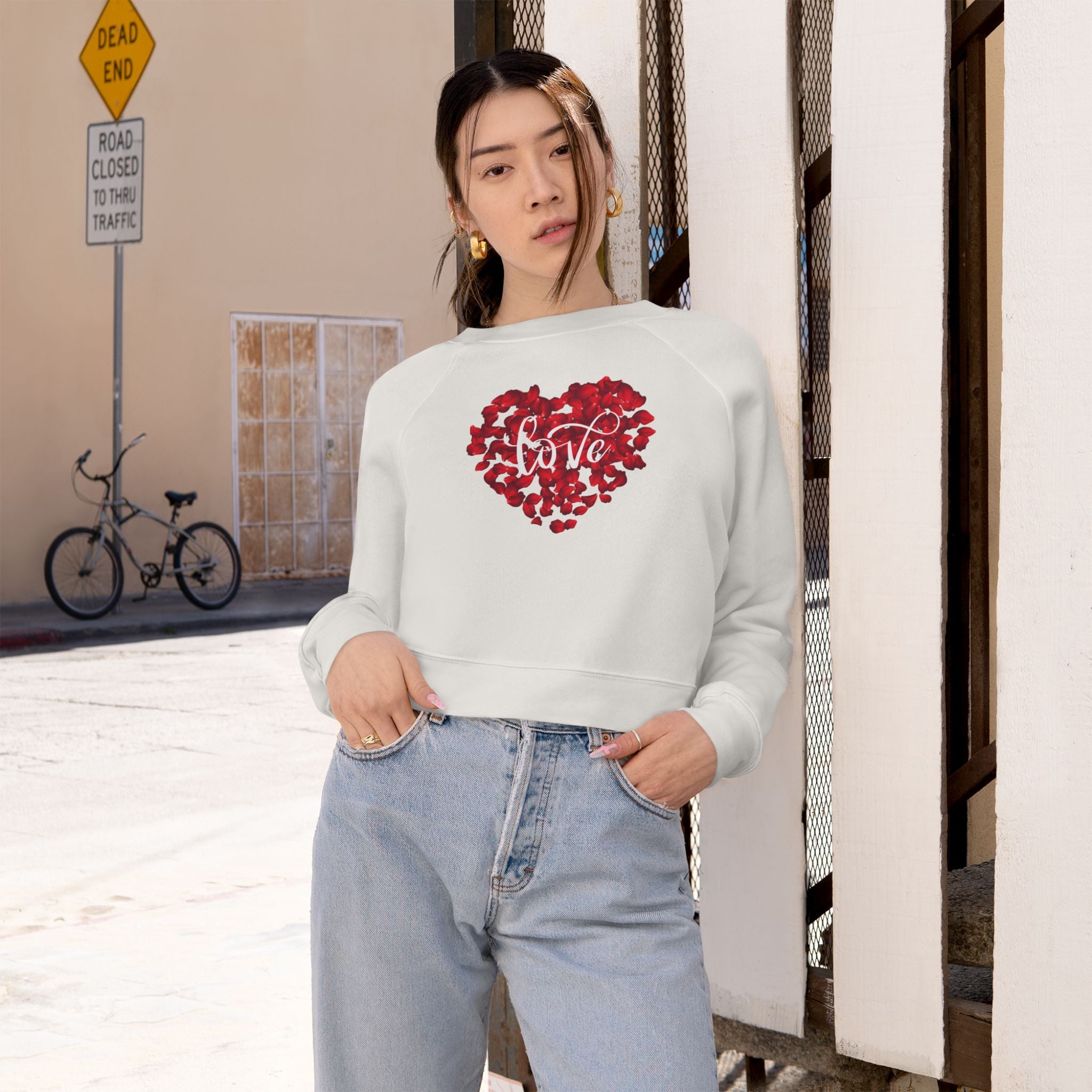 Heart Love Cute Valentines' Cropped Fleece Pullover, Valentines Gift for Her, Long Sleeve Women's Shirt, Casual Pullover Top, Graphic Shirt Valentines Gift for Teachers