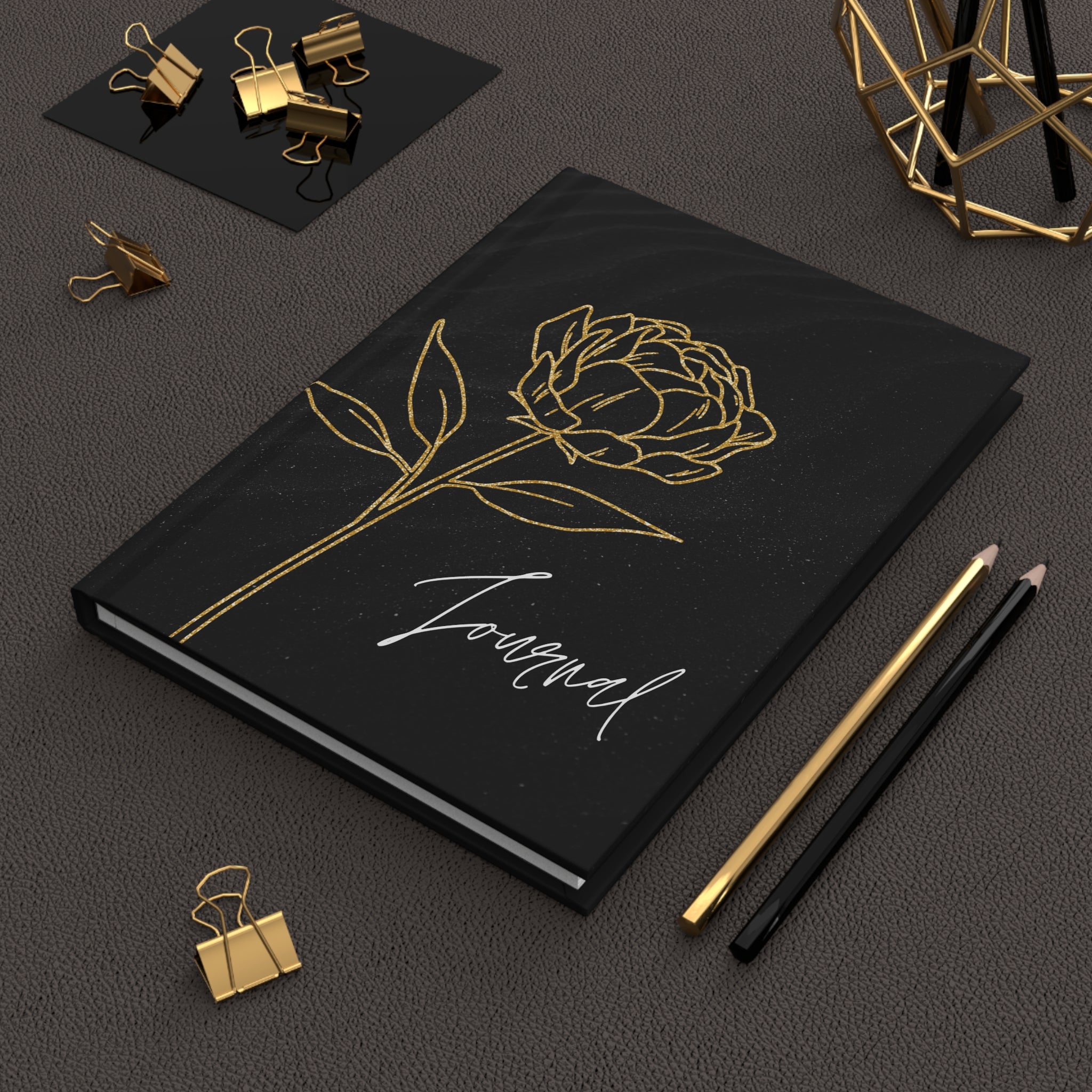 Black and Gold Rose Journal, Hardcover Journal Matte, Lined Pages Notebook for Writing, Bullet Journal, Travel Diary, Planner