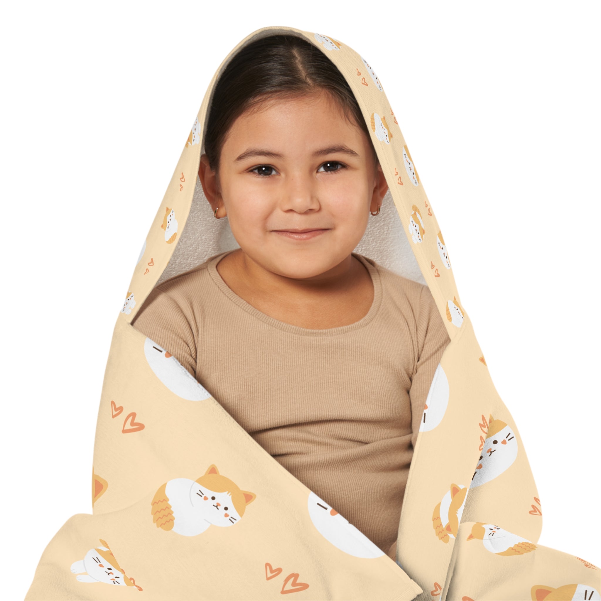 White and Yellow Cute Cat Kids Hooded Towel, Cute Designs - Youth Hooded Towel