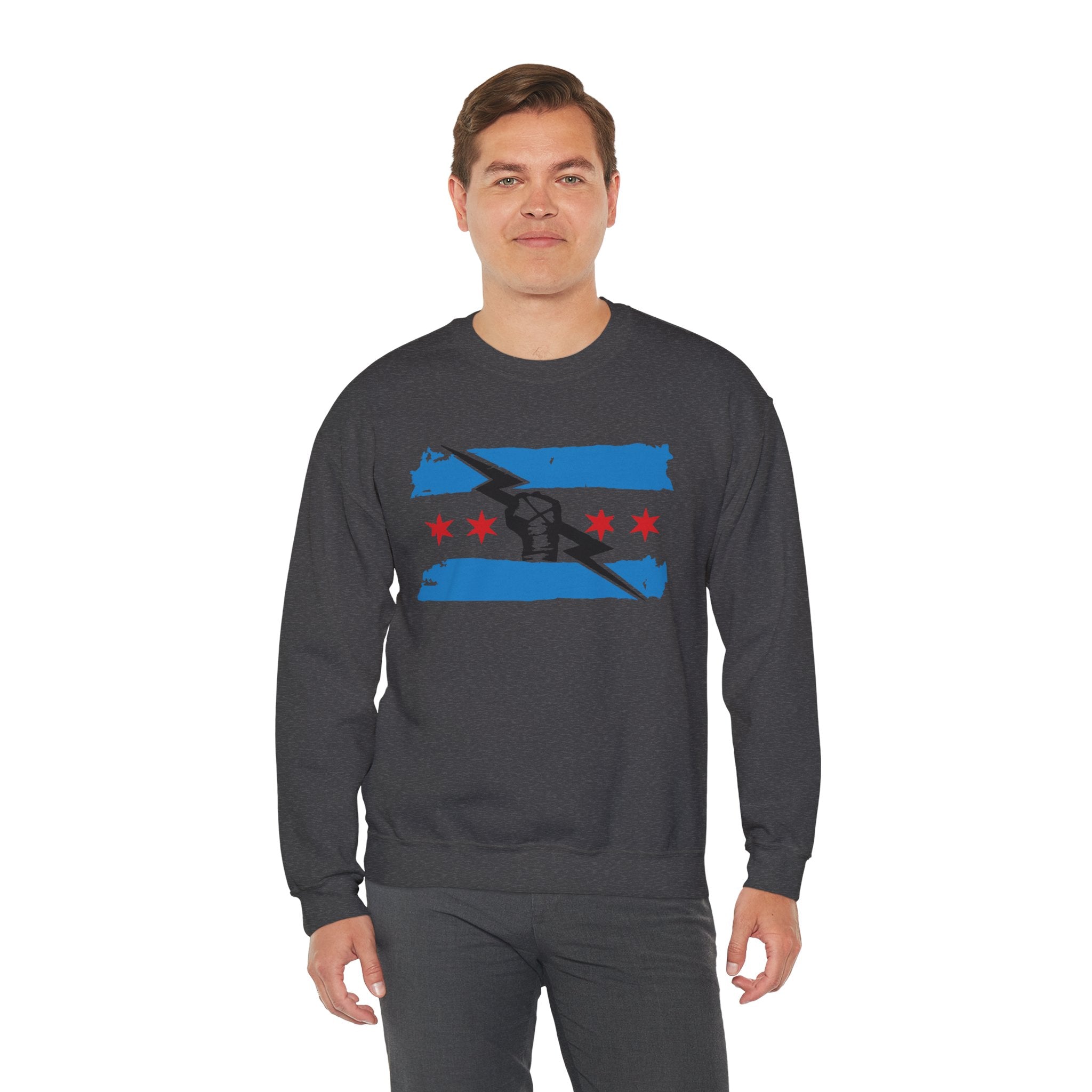 Chicago Flag Black Fist Design Sweatshirt, Wrestling Fan Unisex Sweatshirt - Gift for Him or Her, Casual Outwear, Heavy Blend Crewneck Sweatshirt