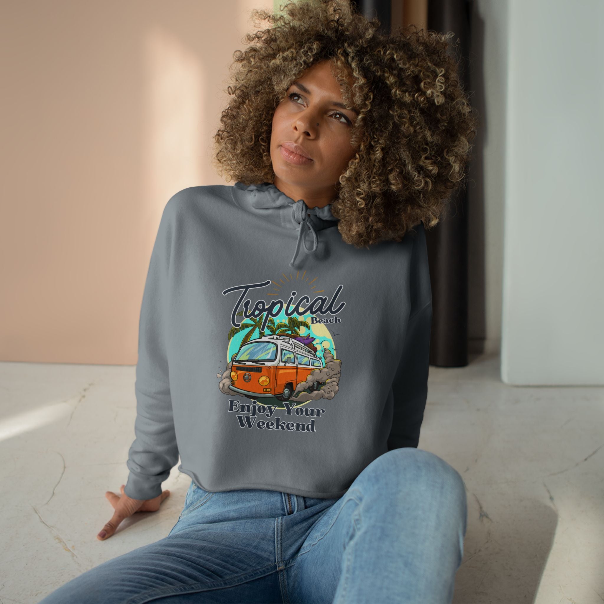 Tropical Casual Hoodie, Women's Cropped Sweatshirt Fleece Pullover, Crop Hoodie for Women, Long Sleeve Crop Top, Cozy Cropped Hooded