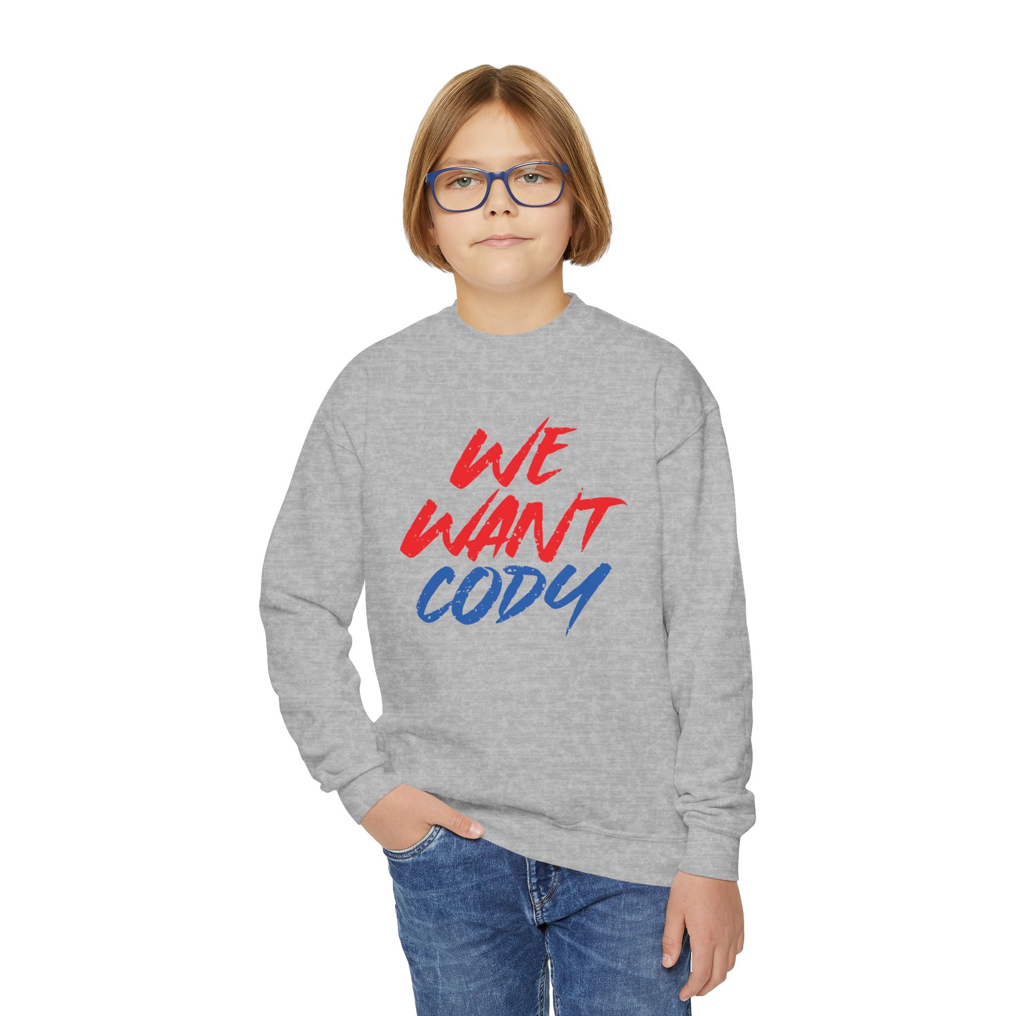 Cody Rhodes "We Want Cody" Design, Youth Sports Fan Crewneck Sweatshirt for Kids, Perfect Gift for Kids, Unisex Sweatshirt, Casual Outwear