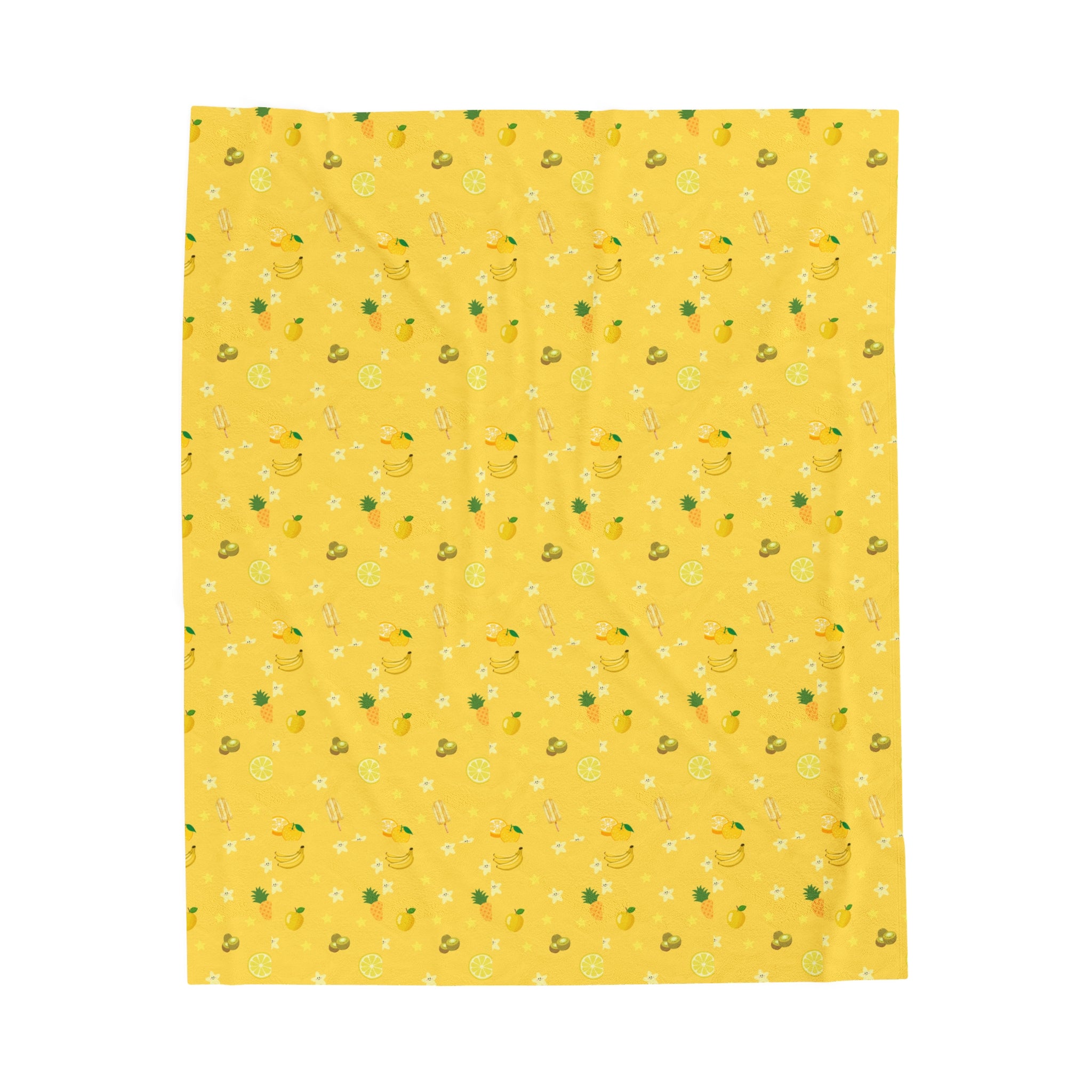 Yellow Summer Fruits Kids Design Velveteen Plush Blanket, Gift for Boys and Girls, Cozy Throw Blanket, Children's Bedroom Decor, Nursery Bedding