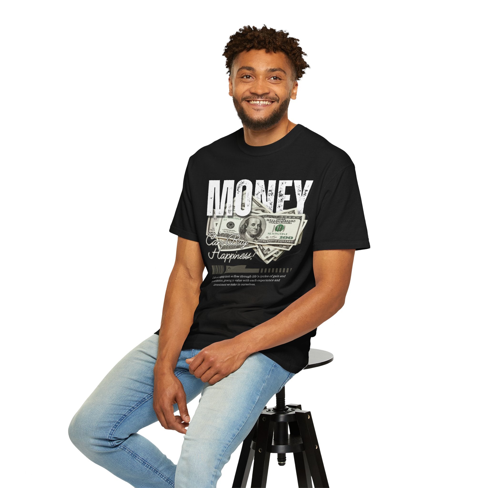 Money Can Buy Happiness, Graphic Design Unisex T-shirt, Casual Cotton Outwear, Gift for Him- Gift for Her, Stylish Tee, Cool Shirt, Trendy Apparel, Comfortable Top,