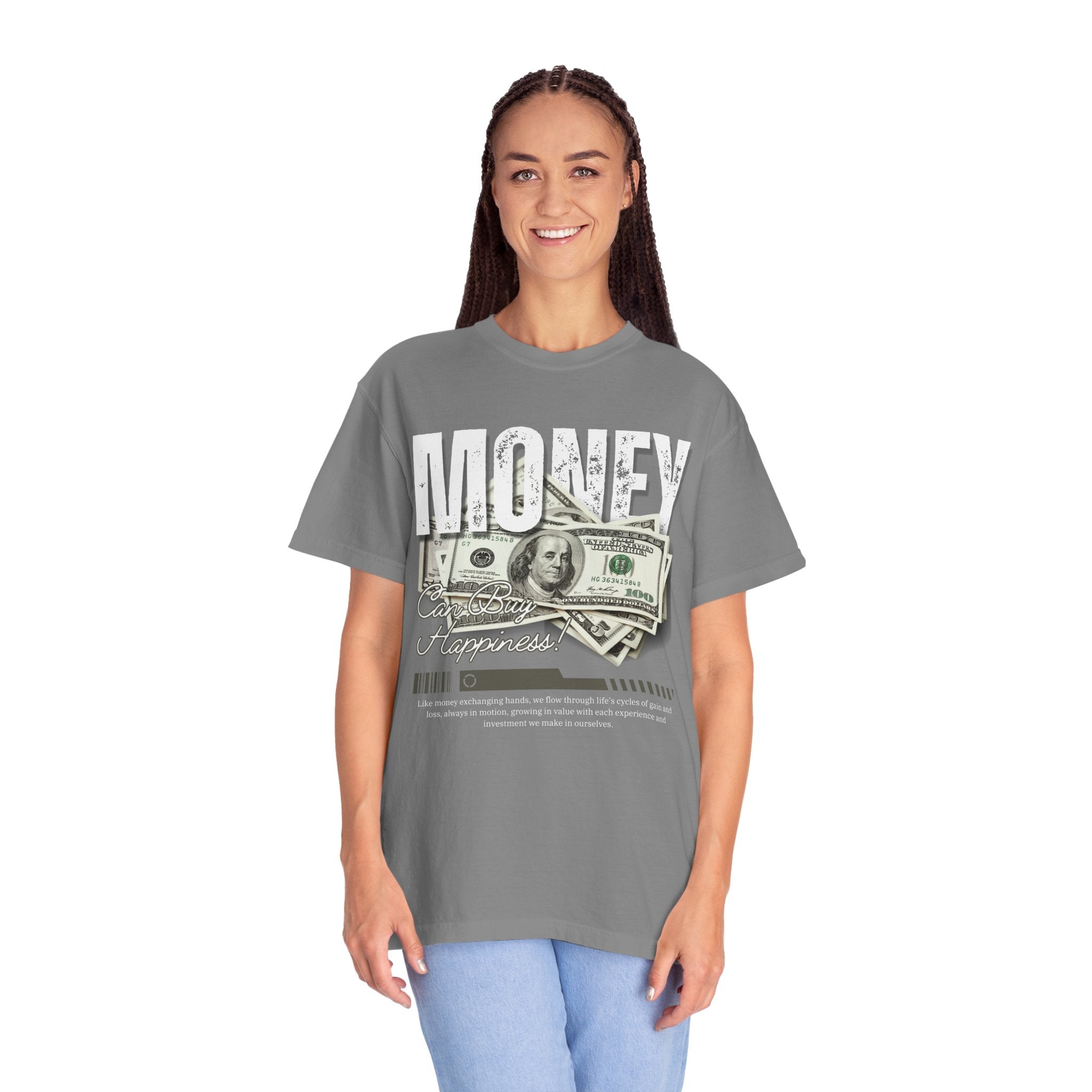 Money Can Buy Happiness, Graphic Design Unisex T-shirt, Casual Cotton Outwear, Gift for Him- Gift for Her, Stylish Tee, Cool Shirt, Trendy Apparel, Comfortable Top,