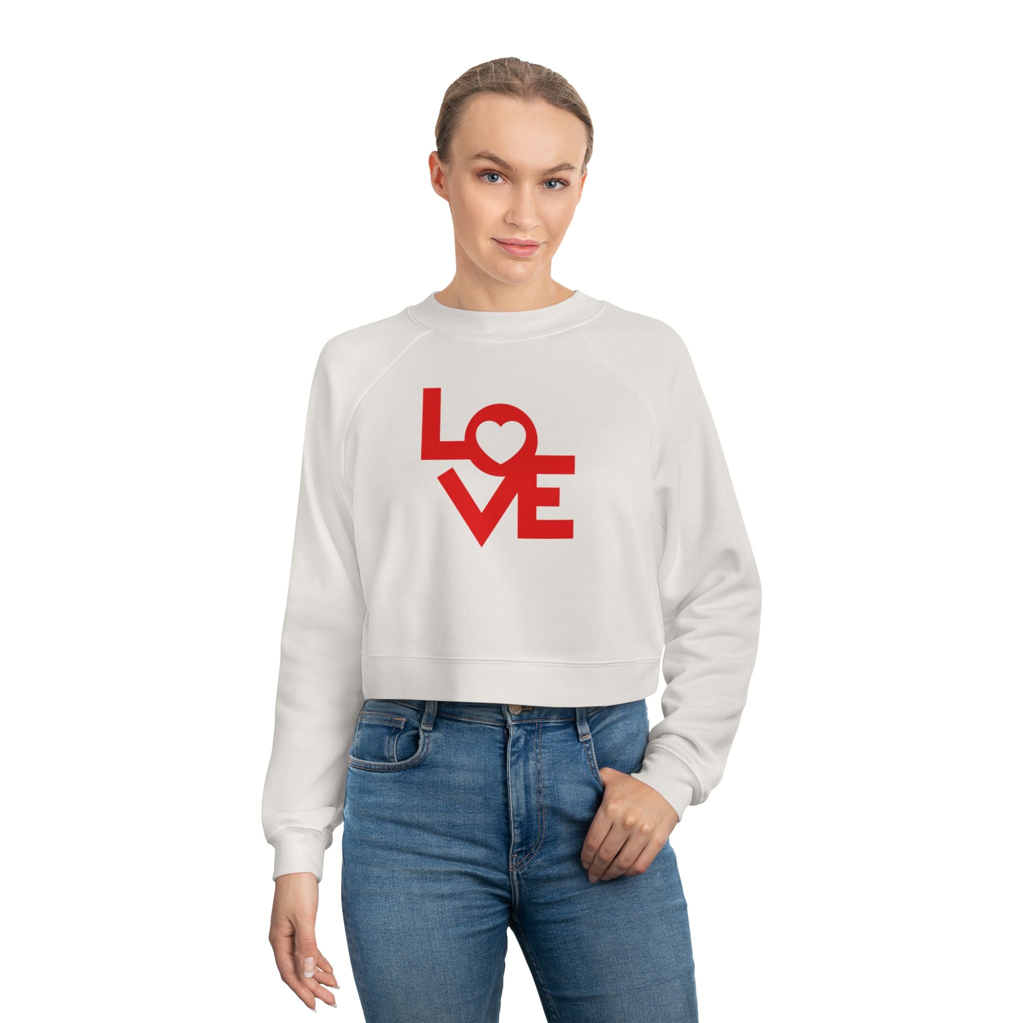 LOVE Graphic Cropped Fleece Pullover, Valentines Gift for Her, Long Sleeve Women's Shirt, Casual Pullover Top, Graphic Shirt Valentines