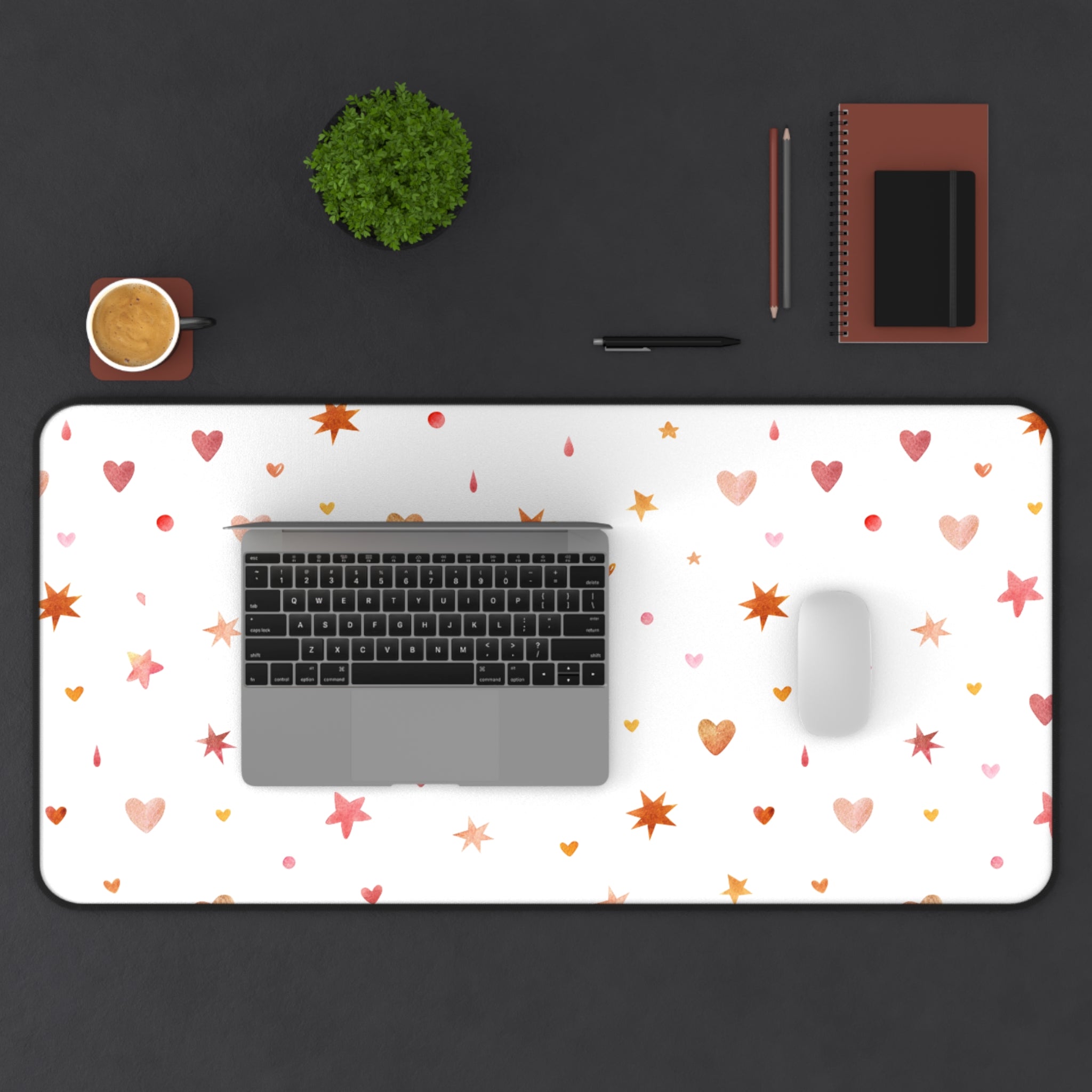 Beige And White Cute Hearts Dots And Stars, Valentines Gift, Mouse Pad, Desk Matt for Desktop, Cute Desk Pad Mat, XXL Large Mouse Pad for Desk, Anti-Slip Big Mousepad with Stitched Edges, Keyboard Pad Mouse Mat for Computer