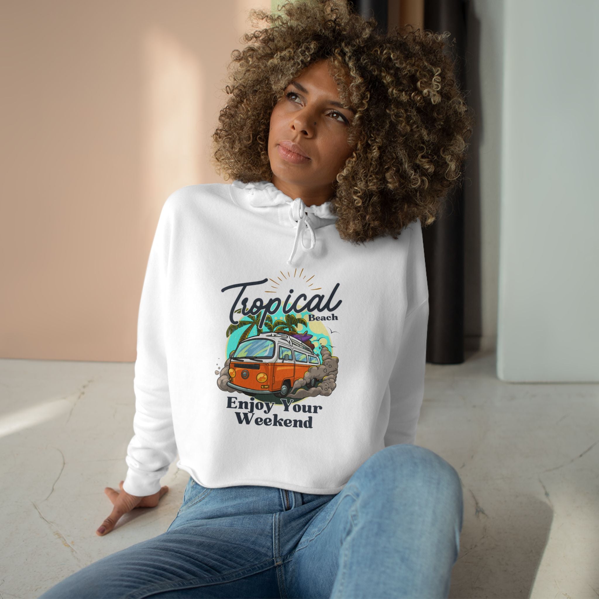 Tropical Casual Hoodie, Women's Cropped Sweatshirt Fleece Pullover, Crop Hoodie for Women, Long Sleeve Crop Top, Cozy Cropped Hooded