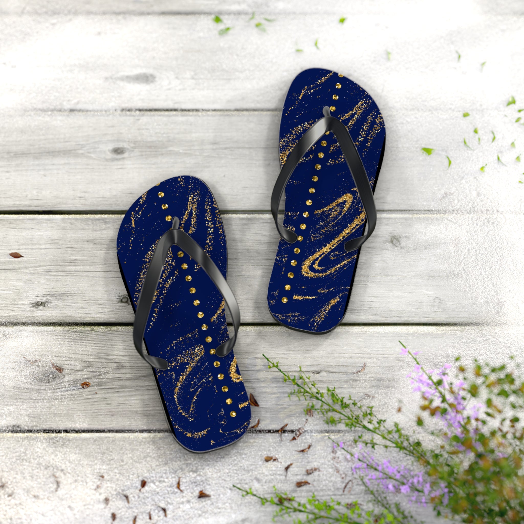 Dark Blue and Gold, Flip Flops for Women, Cute Designs, Everyday Use, Indoor Sleepers