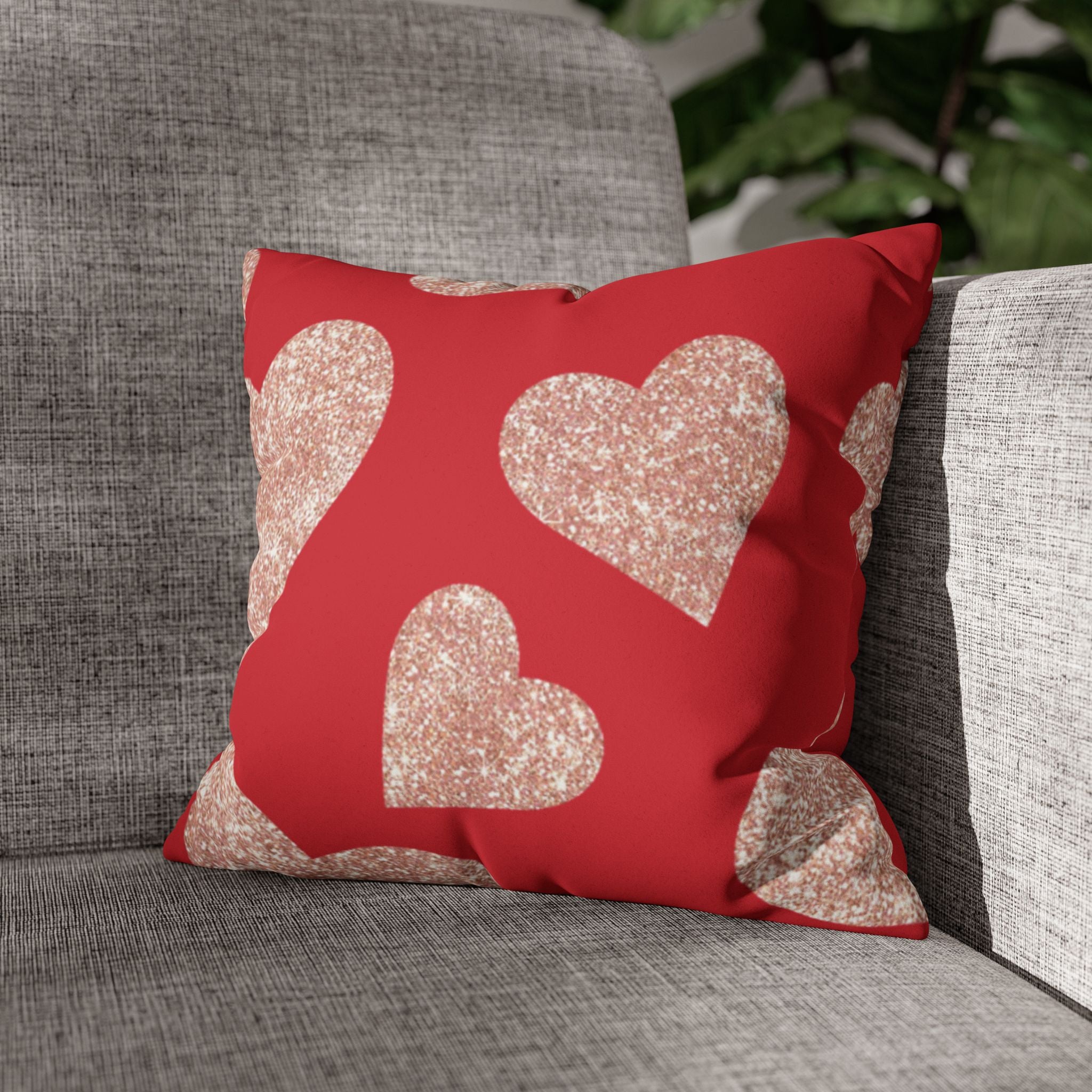 Square Pillowcase - Red and Gold Heart - Decorative Pillows Cushion Covers for Couch Chair Bedroom Valentines Decorative, Faux Suede, Home Decor