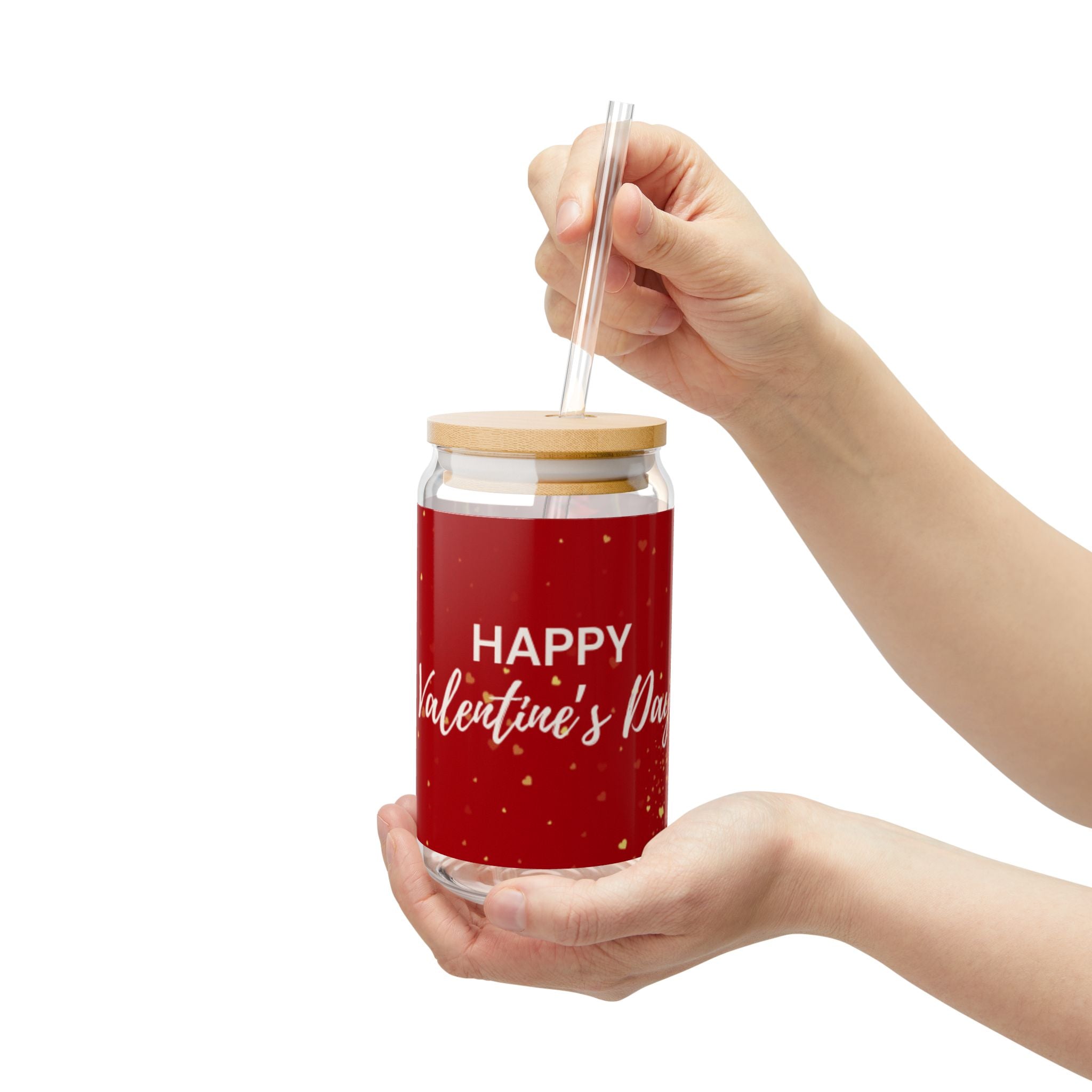 Glass Sipper 16oz -Glitter Hearts Valentines Day Gift for Teachers, Girlfriend, Boyfriend, Valentines Give Away, Glasses Drinking Set, Iced Coffee Cup with Bamboo Lids, Drinking Glasses Tumbler with Straw and Lid, Glass Can Coffee Cups, Drinking Glassware