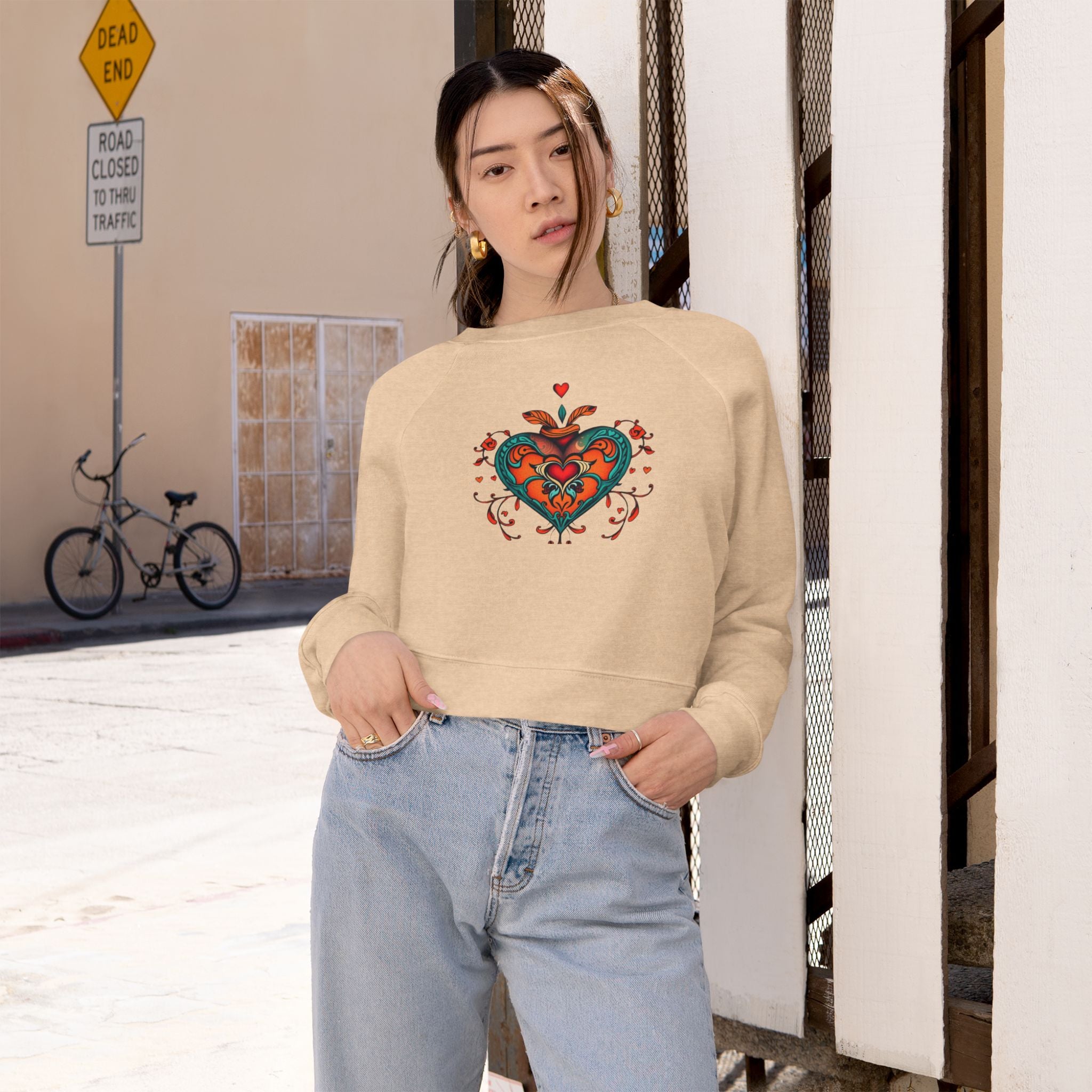 Heart Graphic Cropped Fleece Pullover, Valentines Gift for Her, Long Sleeve Women's Shirt, Casual Pullover Top, Graphic Heart