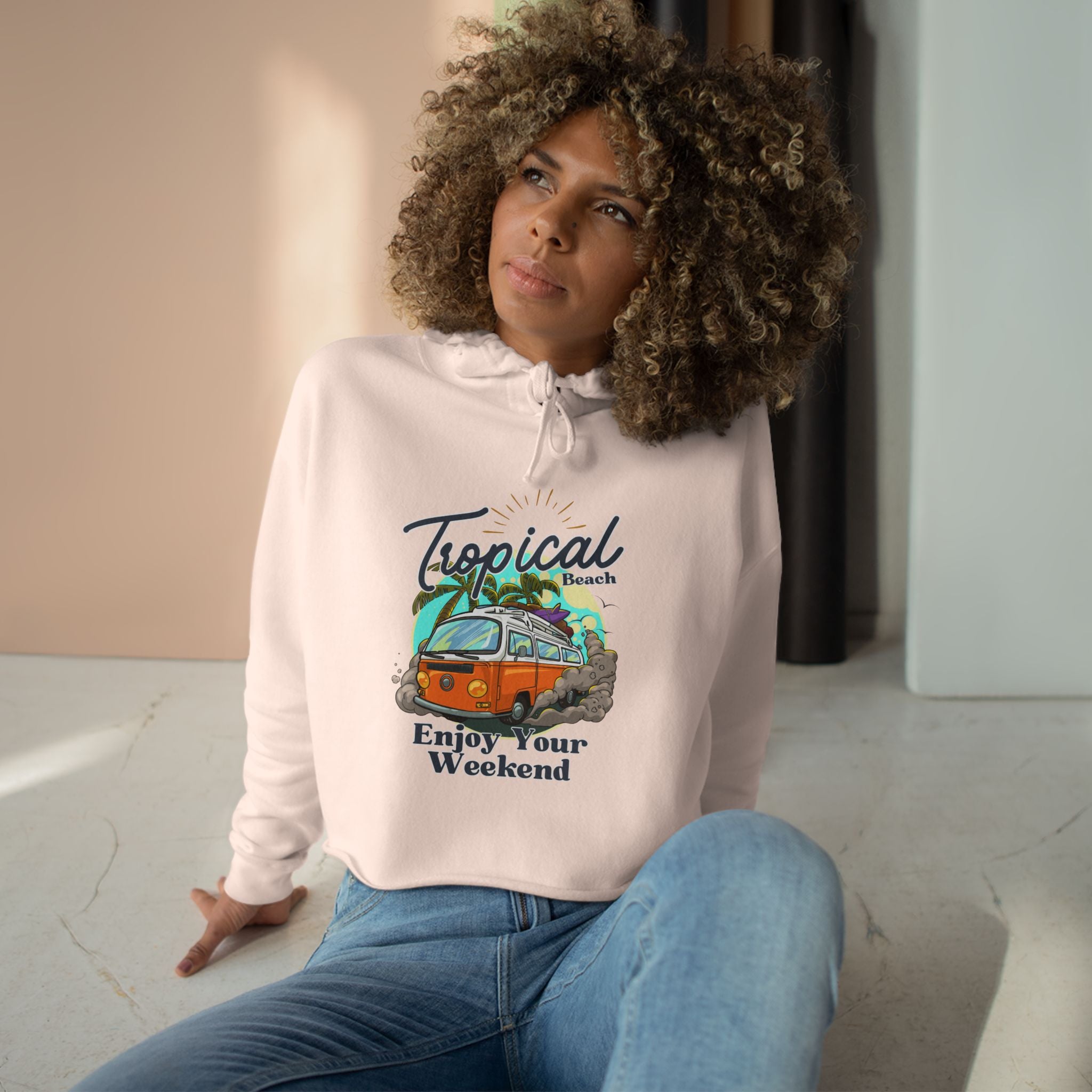 Tropical Casual Hoodie, Women's Cropped Sweatshirt Fleece Pullover, Crop Hoodie for Women, Long Sleeve Crop Top, Cozy Cropped Hooded