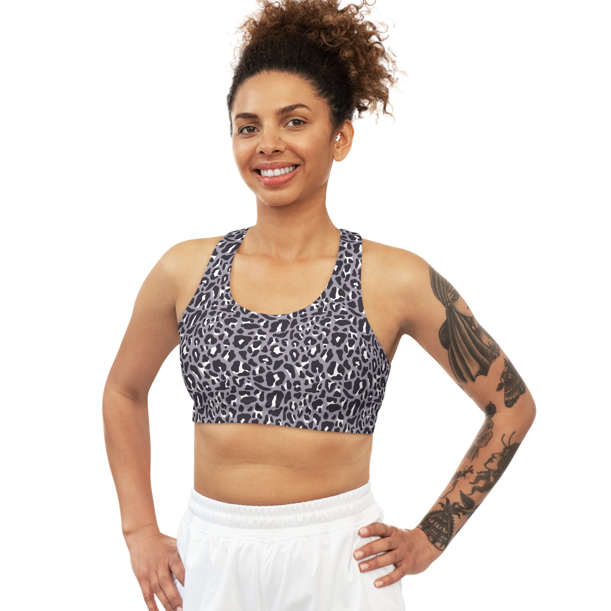 Grey Leopard Leopard, Racerback Sports Bra for Women - High Impact Workout Crop Tank Top