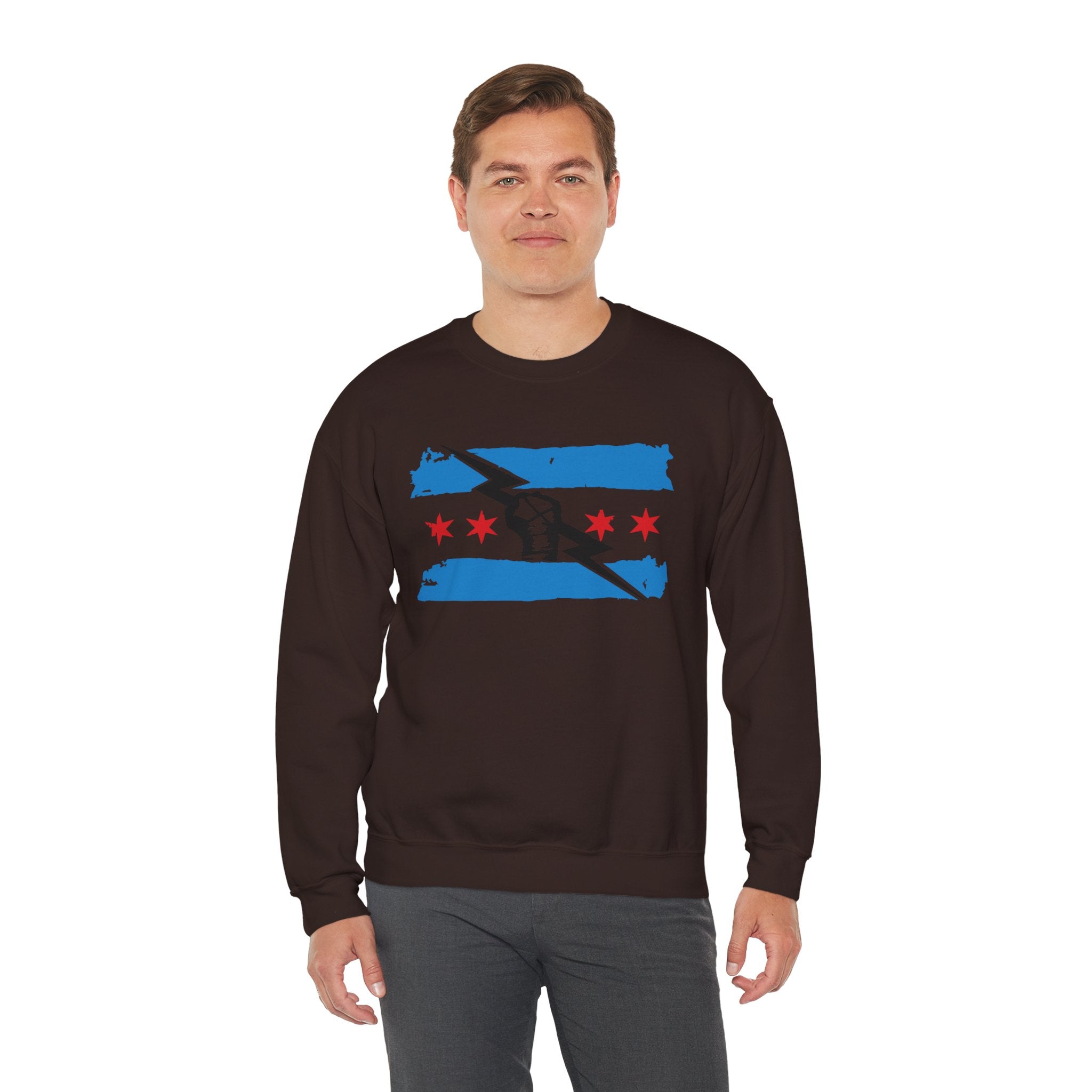 Chicago Flag Black Fist Design Sweatshirt, Wrestling Fan Unisex Sweatshirt - Gift for Him or Her, Casual Outwear, Heavy Blend Crewneck Sweatshirt