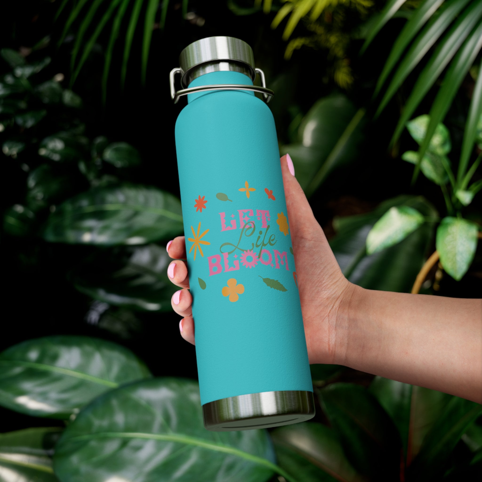 "Let Life Bloom"  Copper Water Bottle, Inspirational Quote, Gift Tumbler, 22oz, Motivational Drinkware, Stainless Steel Thermos