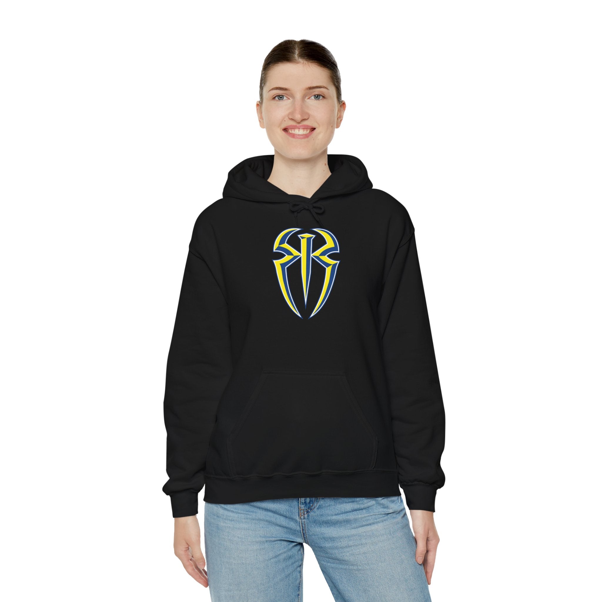 Roman Reigns White-Blue-Yellow Design Hoodies, Gift for Her - Gift for Him, Sports Fan Wrestling Unisex Hooded Sweatshirt, Casual Outwear