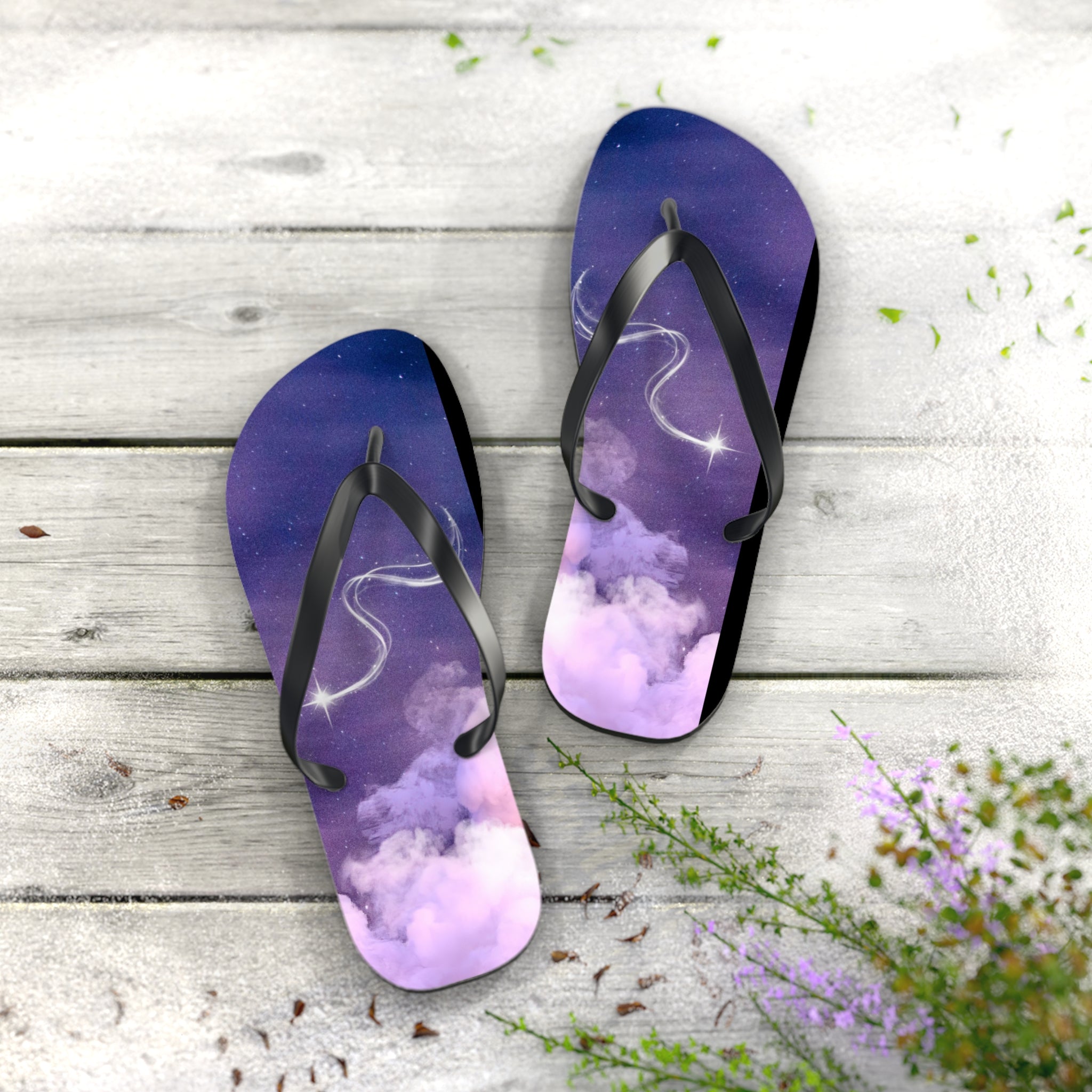 Purple Pink Magic Stars Design, Flip Flops for Women, Cute Designs, Everyday Use, Indoor Sleepers