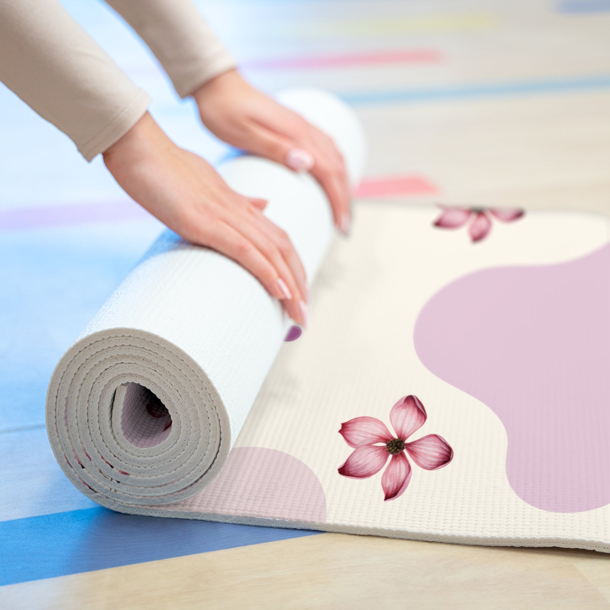 Purple Pink Flower Foam Yoga Mat, Non Slip Workout Mat for Women, Thick Fitness Mat, Pilates Floor Mat, Exercise Yoga