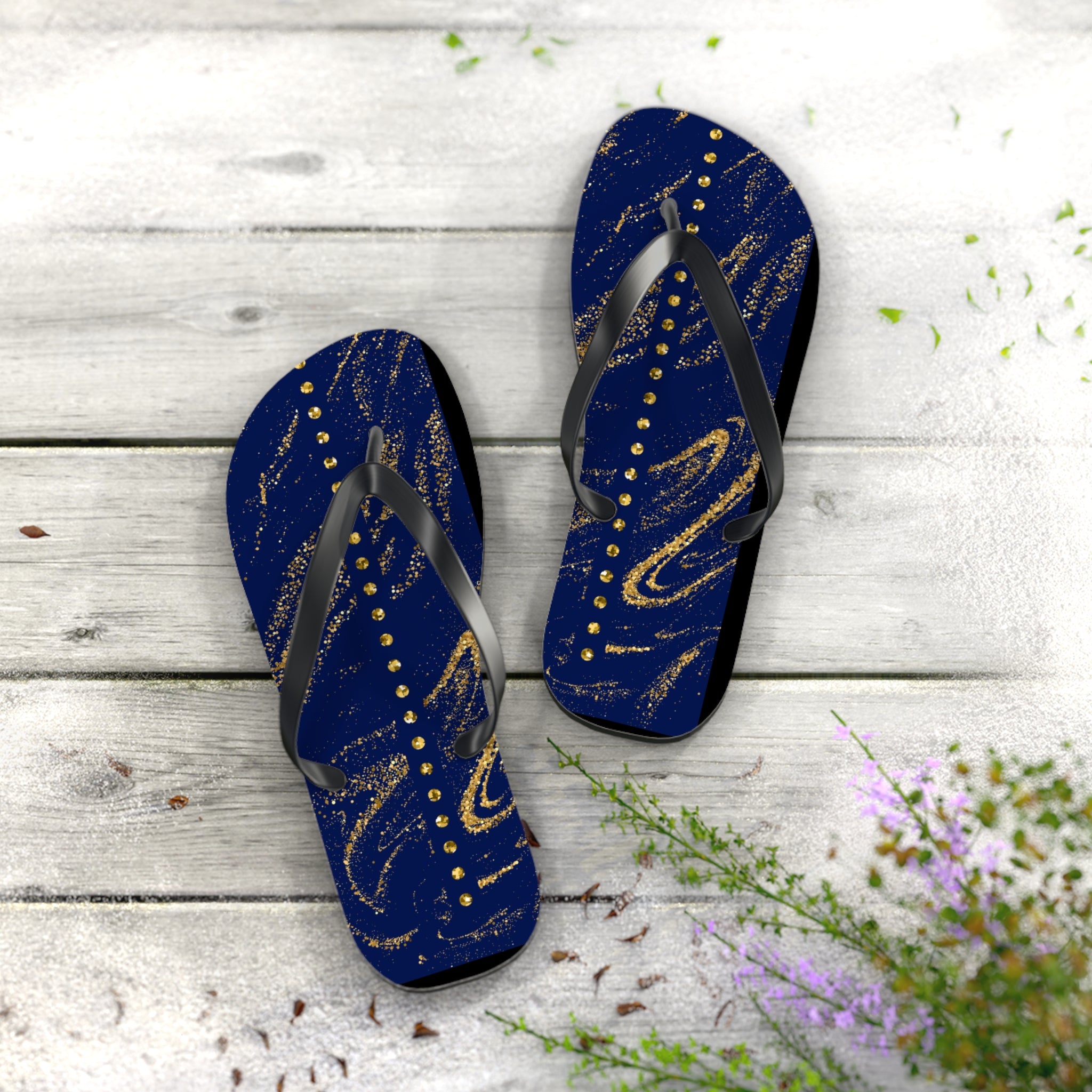 Dark Blue and Gold, Flip Flops for Women, Cute Designs, Everyday Use, Indoor Sleepers