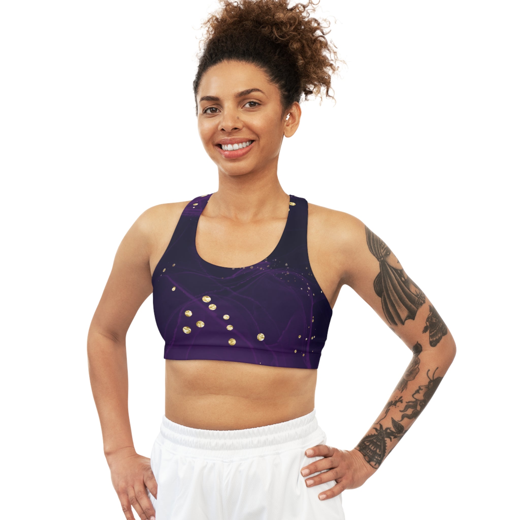 Purple Golden Galaxy Seamless, Racerback Sports Bra for Women - High Impact Workout Crop Tank Top