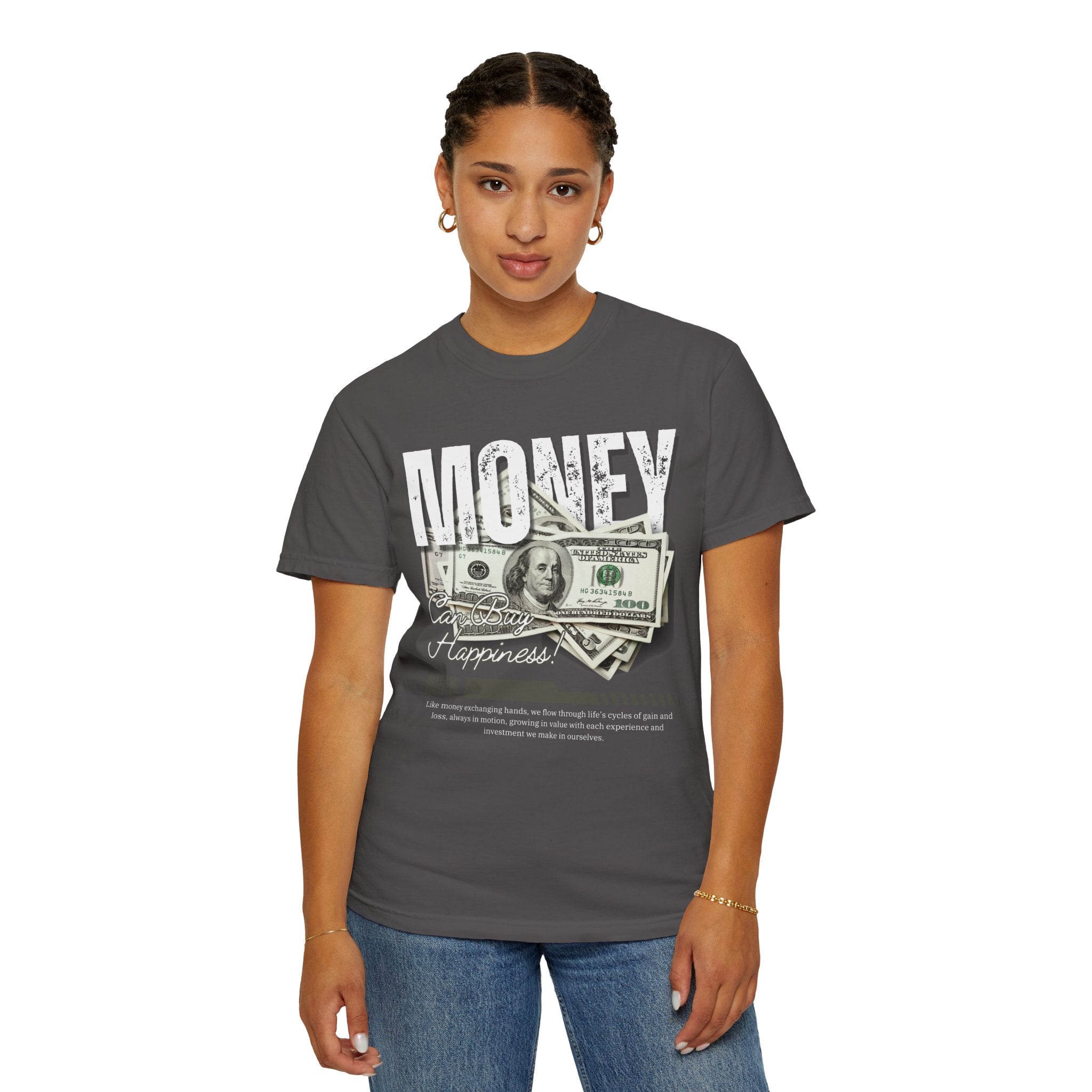 Money Can Buy Happiness, Graphic Design Unisex T-shirt, Casual Cotton Outwear, Gift for Him- Gift for Her, Stylish Tee, Cool Shirt, Trendy Apparel, Comfortable Top,