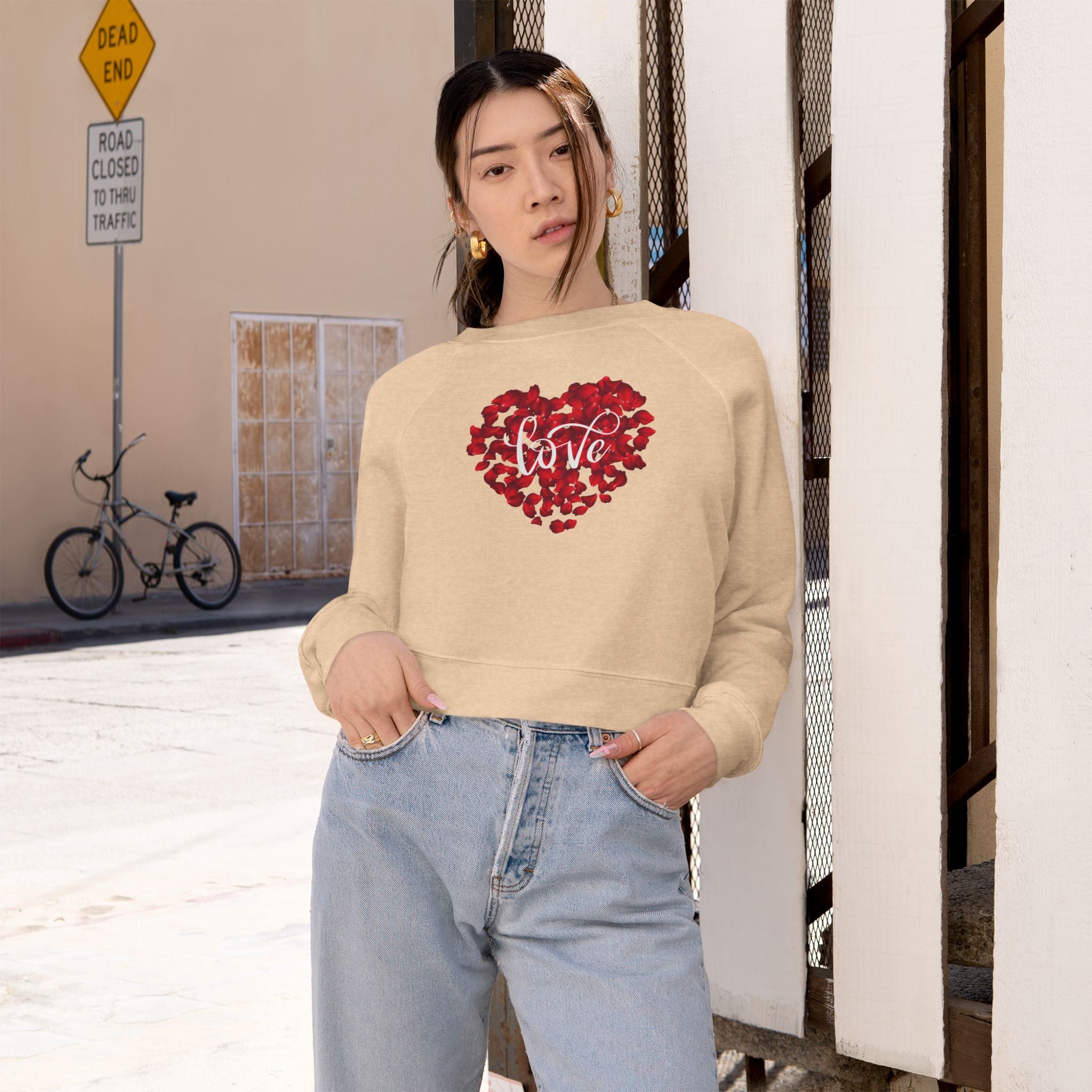 Heart Love Cute Valentines' Cropped Fleece Pullover, Valentines Gift for Her, Long Sleeve Women's Shirt, Casual Pullover Top, Graphic Shirt Valentines Gift for Teachers