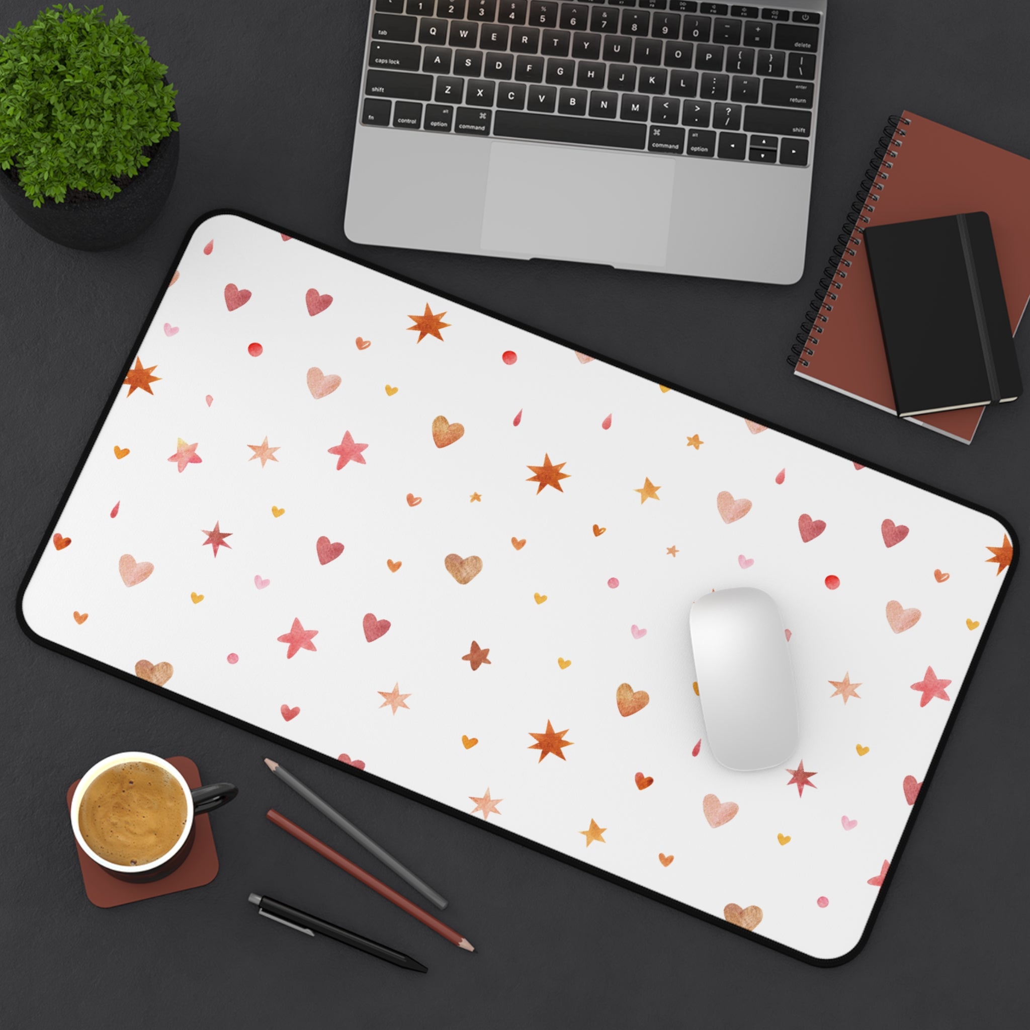 Beige And White Cute Hearts Dots And Stars, Valentines Gift, Mouse Pad, Desk Matt for Desktop, Cute Desk Pad Mat, XXL Large Mouse Pad for Desk, Anti-Slip Big Mousepad with Stitched Edges, Keyboard Pad Mouse Mat for Computer