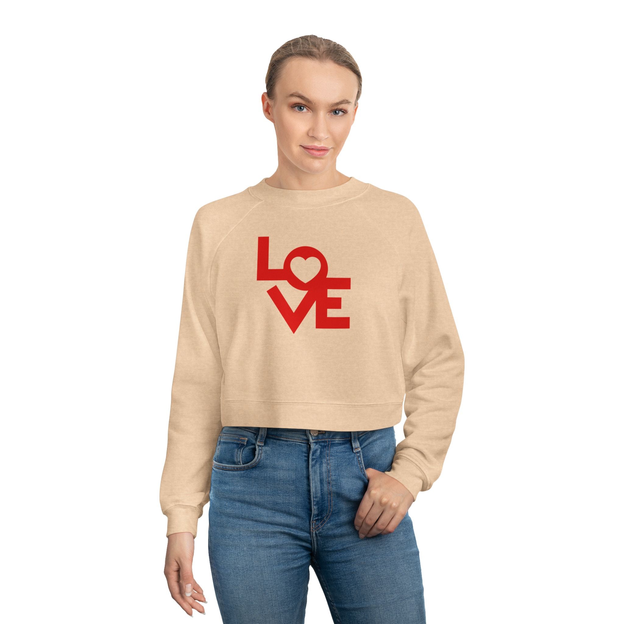 LOVE Graphic Cropped Fleece Pullover, Valentines Gift for Her, Long Sleeve Women's Shirt, Casual Pullover Top, Graphic Shirt Valentines