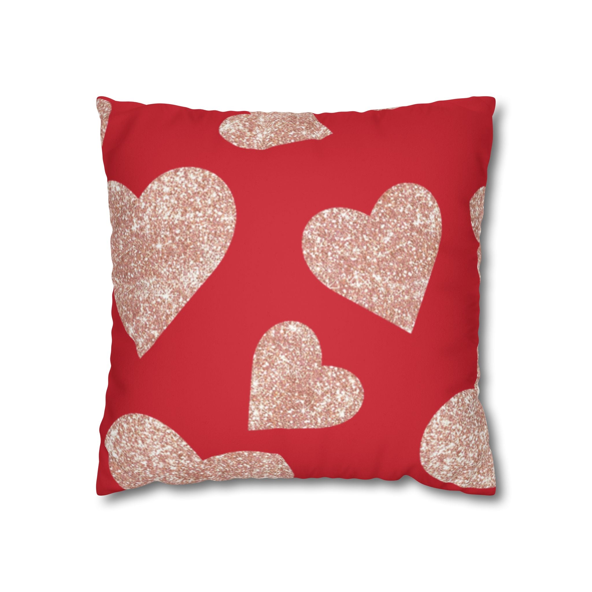 Square Pillowcase - Red and Gold Heart - Decorative Pillows Cushion Covers for Couch Chair Bedroom Valentines Decorative, Faux Suede, Home Decor