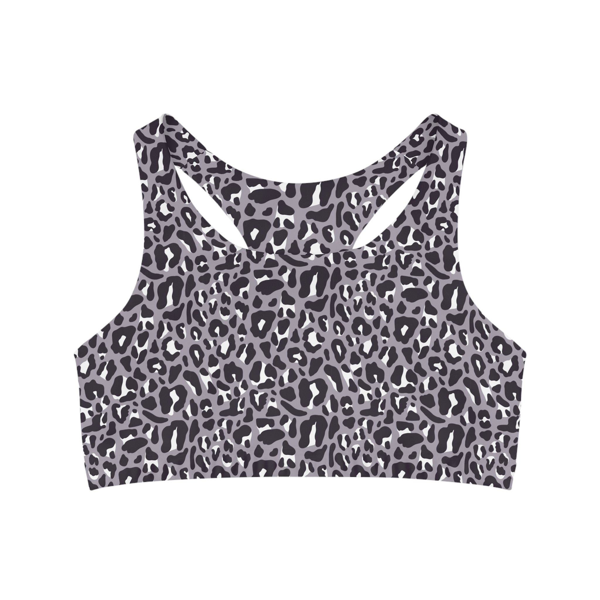 Grey Leopard Leopard, Racerback Sports Bra for Women - High Impact Workout Crop Tank Top