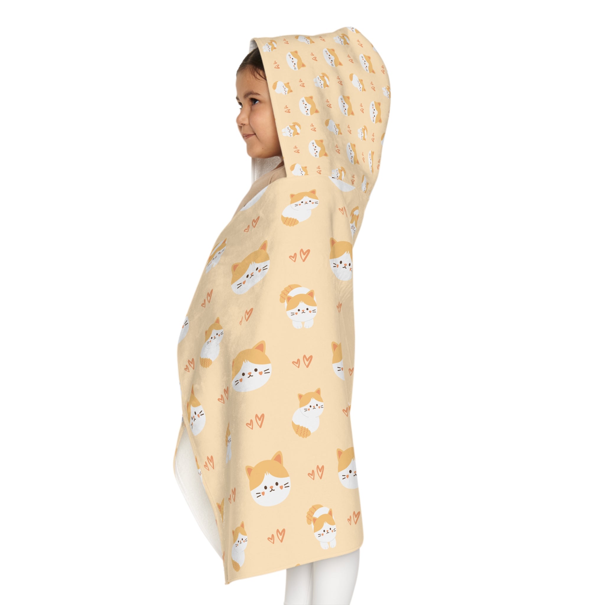 White and Yellow Cute Cat Kids Hooded Towel, Cute Designs - Youth Hooded Towel